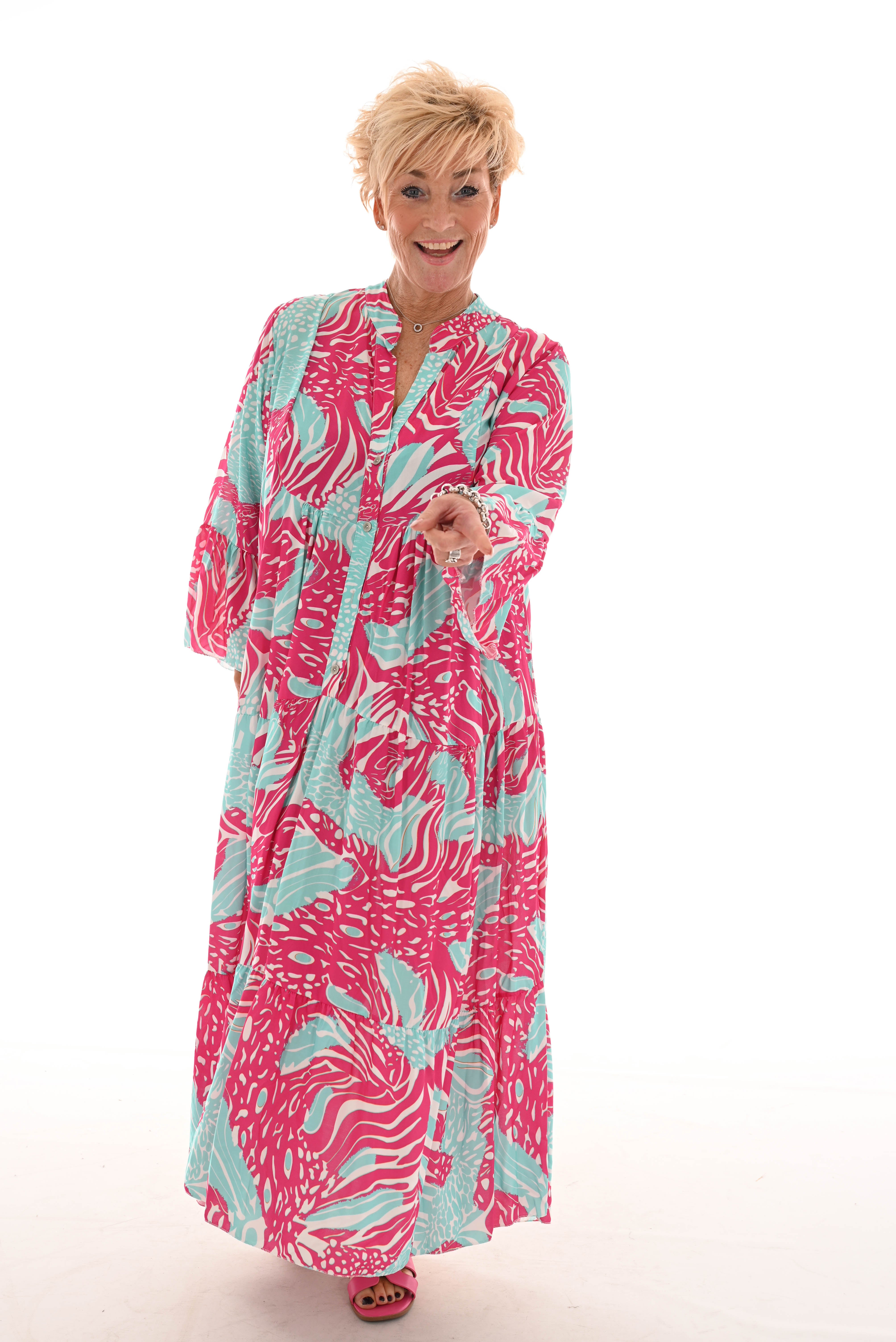 Maxi jurk v-hals mix 3/4e mouwen fuchsia