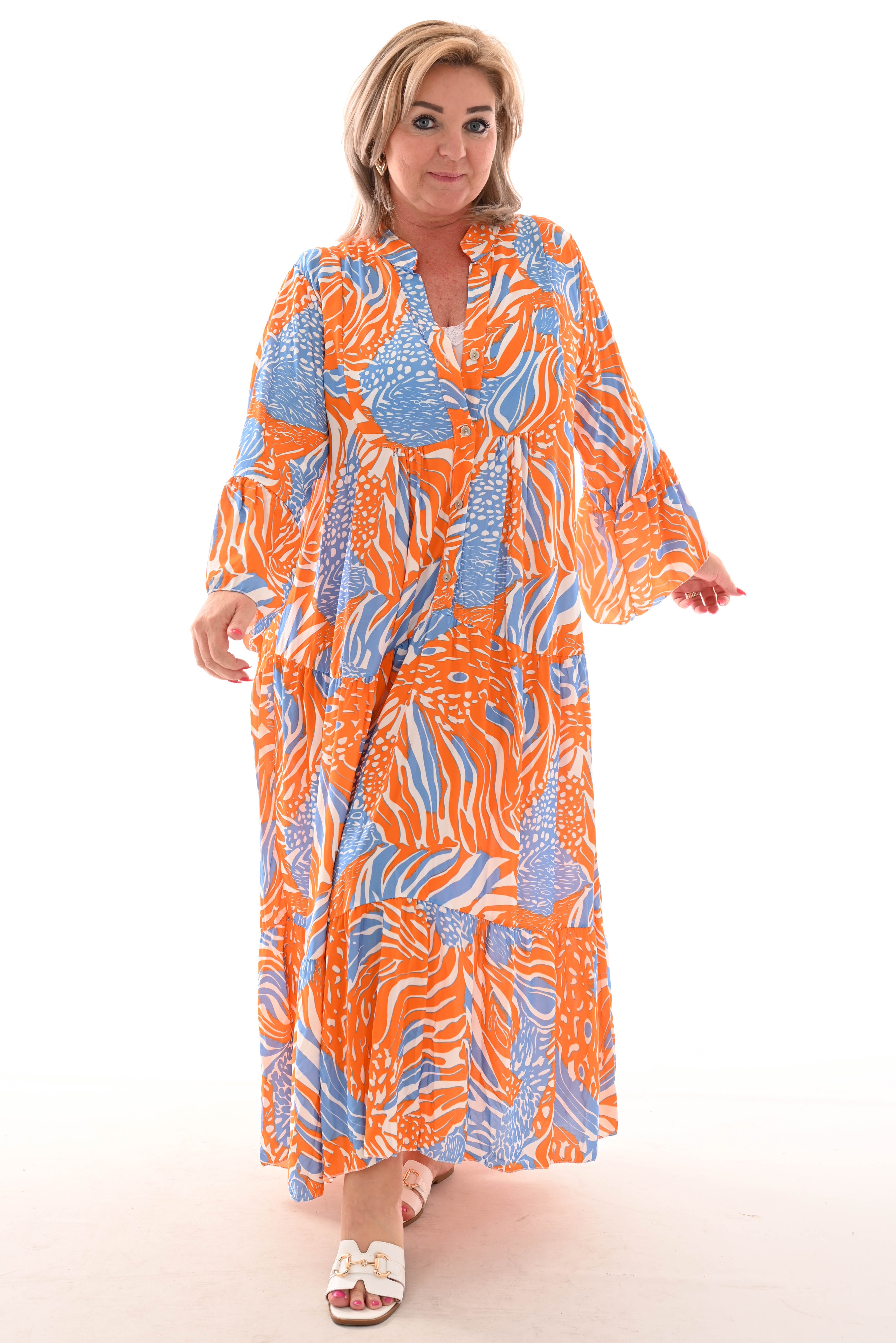 Maxi jurk v-hals mix 3/4e mouwen oranje