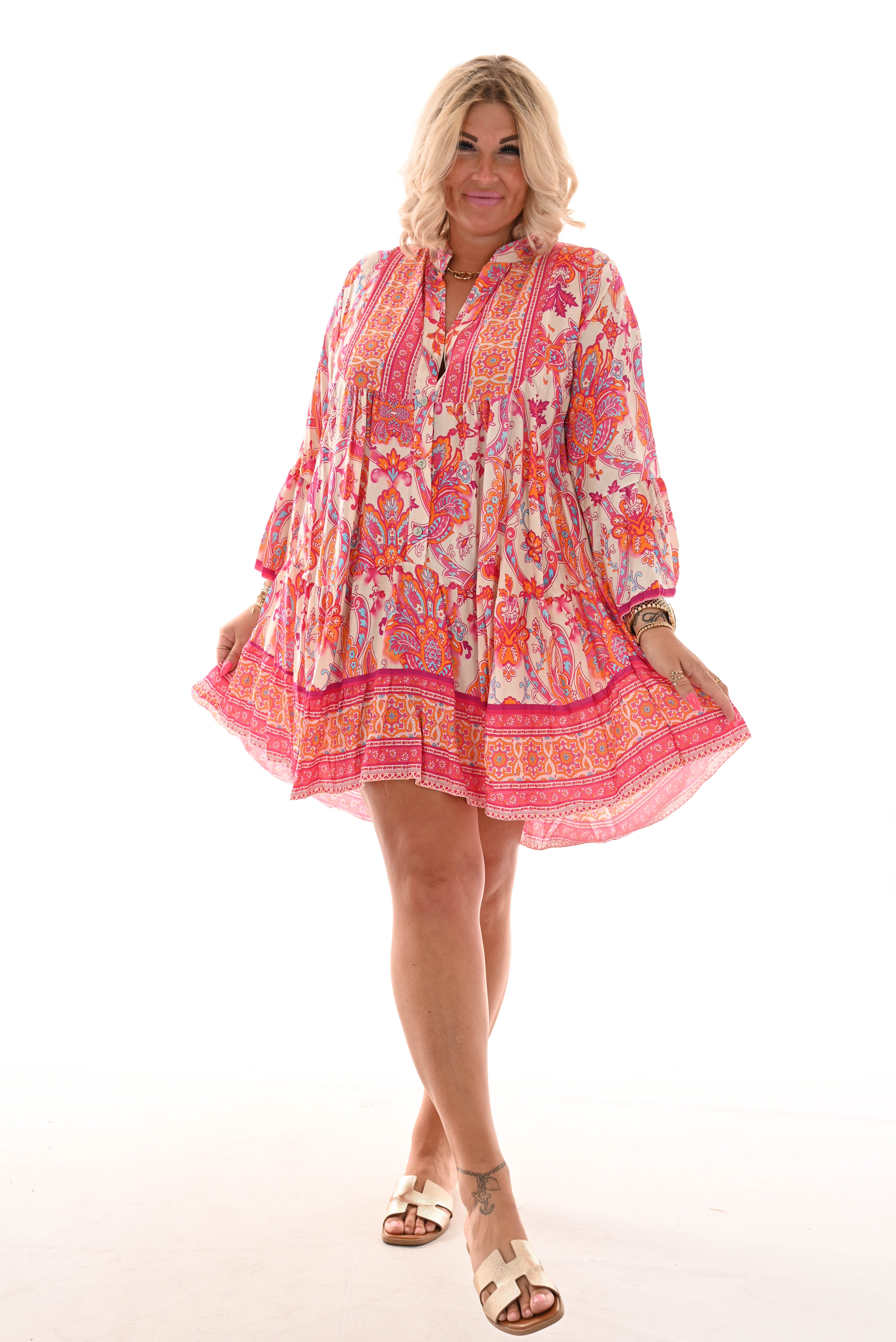Tuniek v-hals barok 3/4e mouwen fuchsia/oranje
