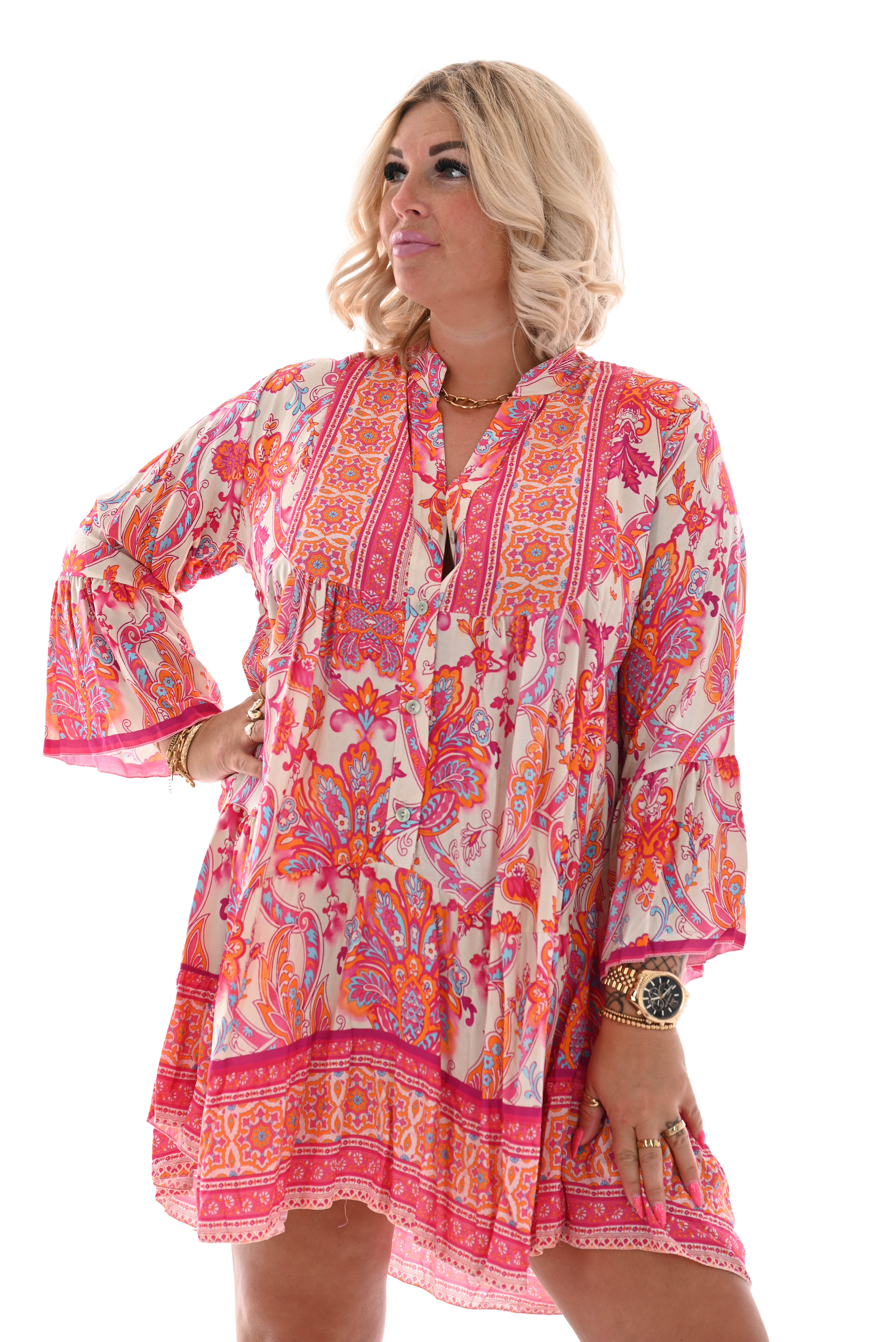 Tuniek v-hals barok 3/4e mouwen fuchsia/oranje