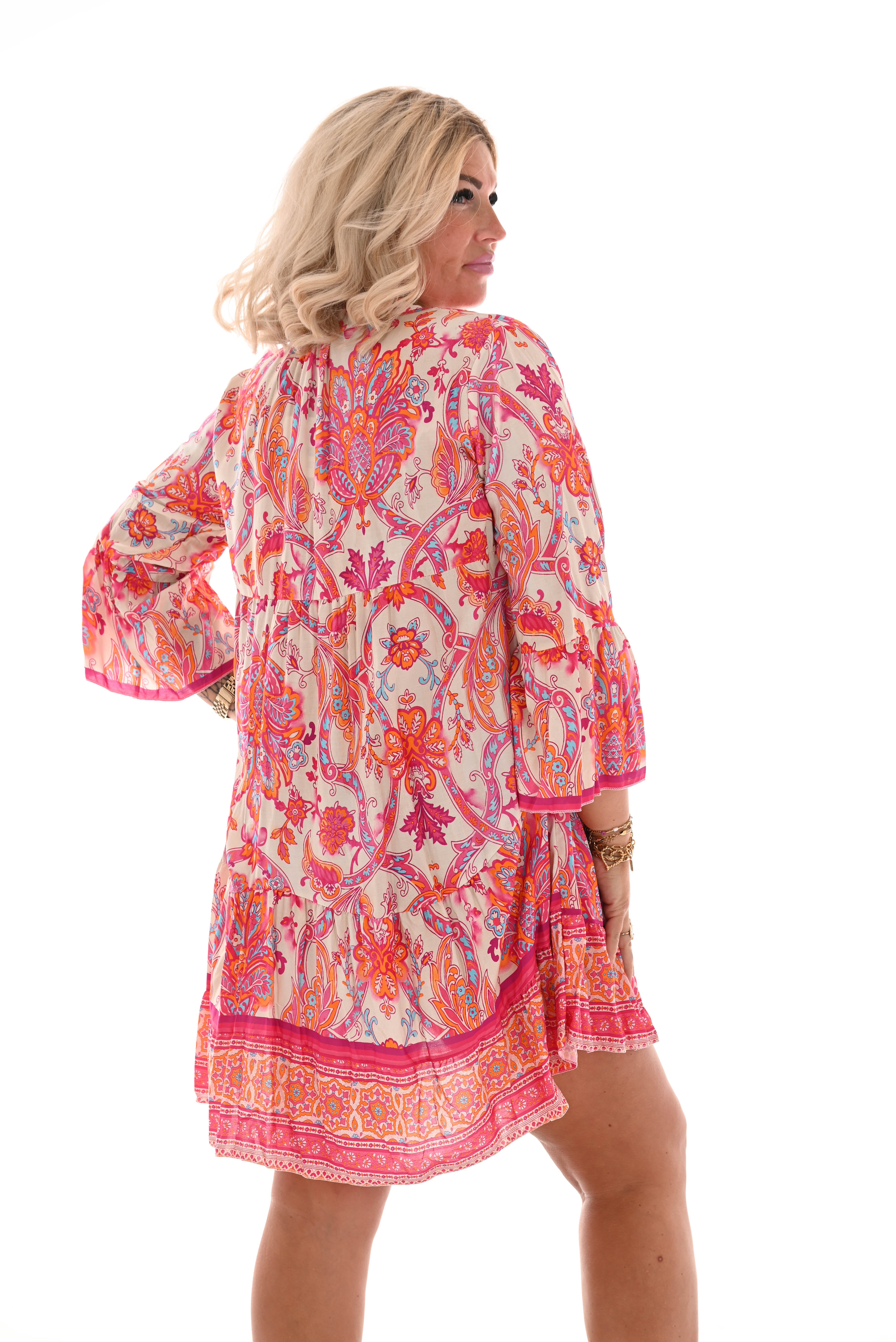 Tuniek v-hals barok 3/4e mouwen fuchsia/oranje