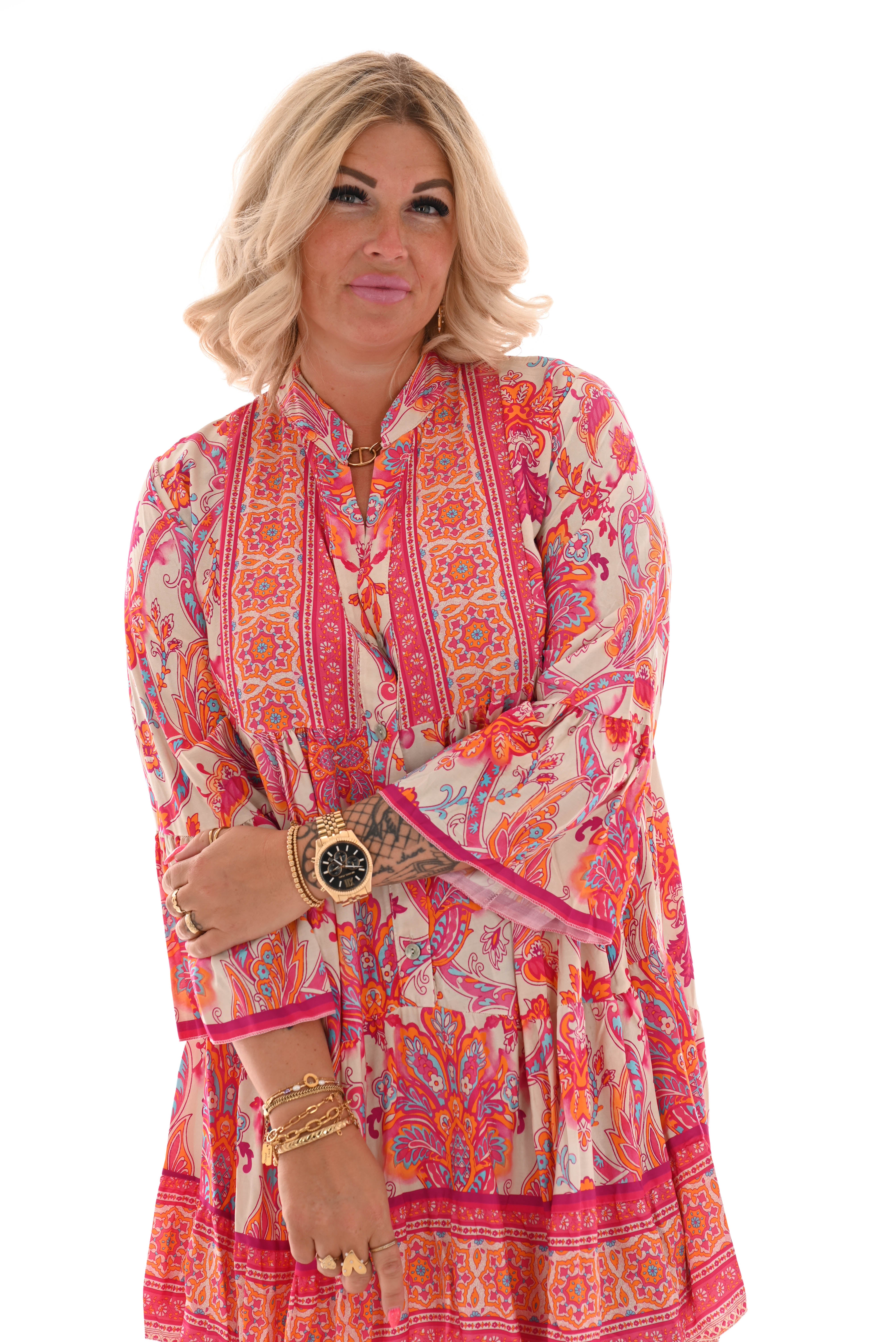 Tuniek v-hals barok 3/4e mouwen fuchsia/oranje