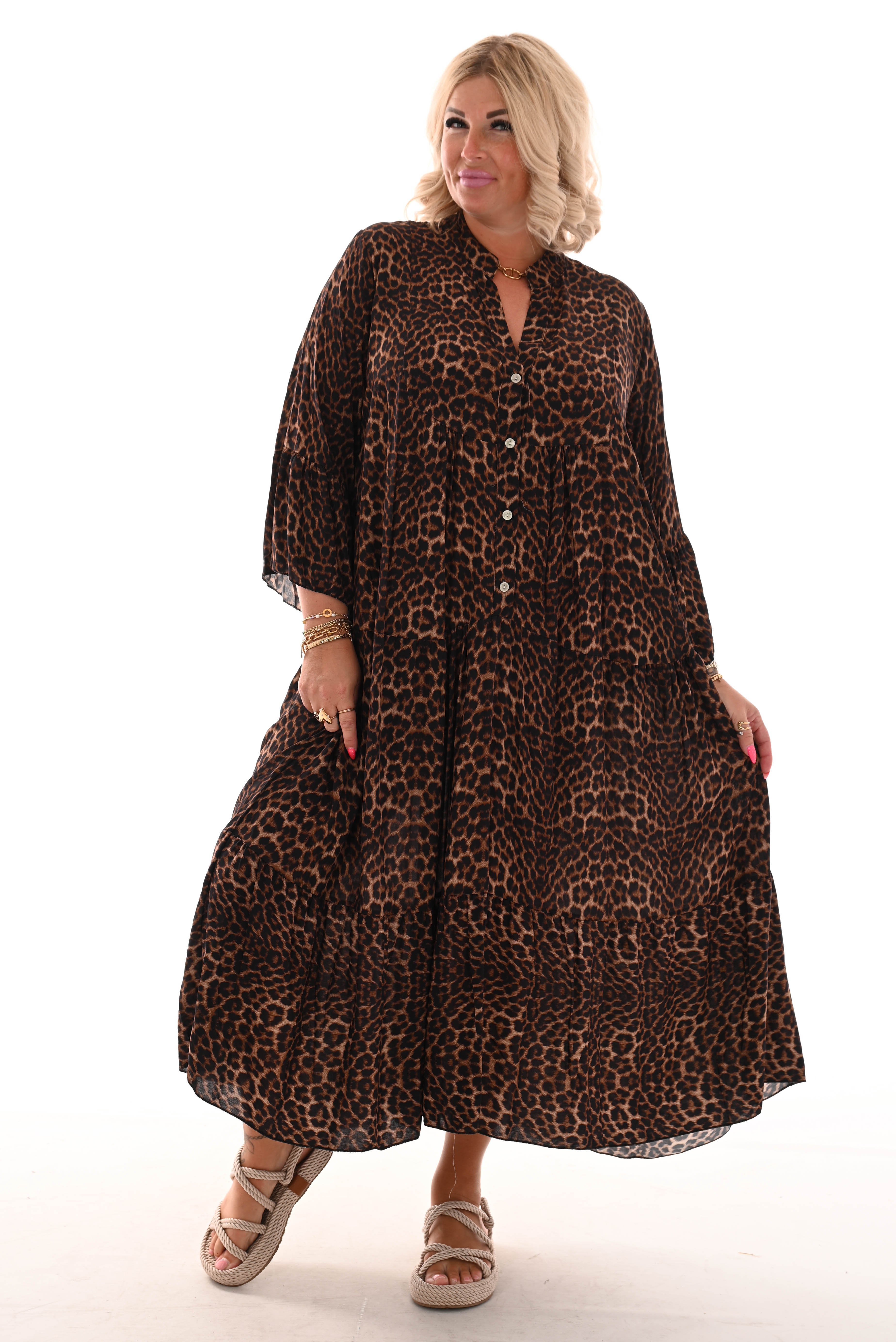 Maxi jurk v-hals 3/4e mouwen panter/donkerbruin