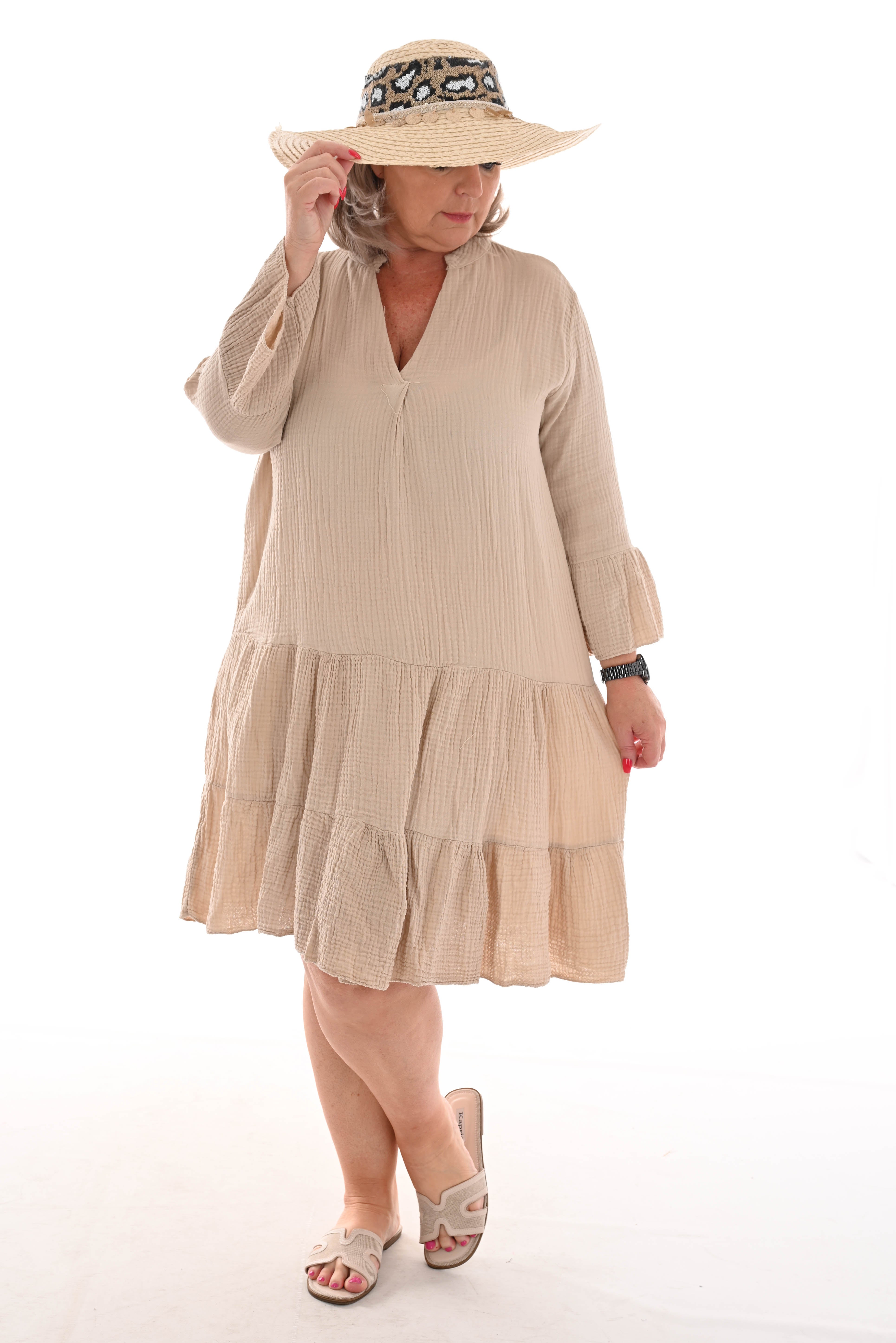 Korte jurk wafel stroken uni beige