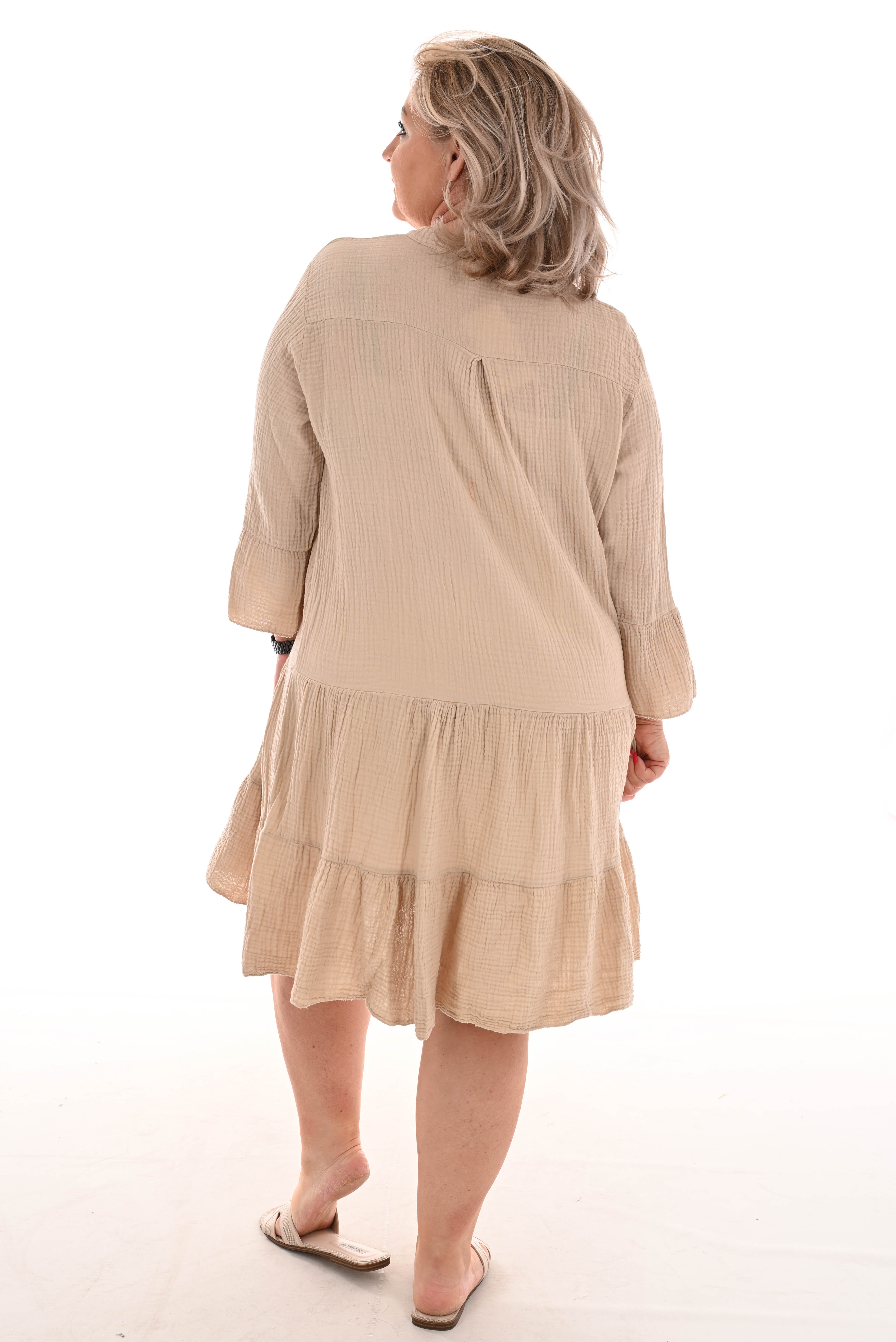 Korte jurk wafel stroken uni beige