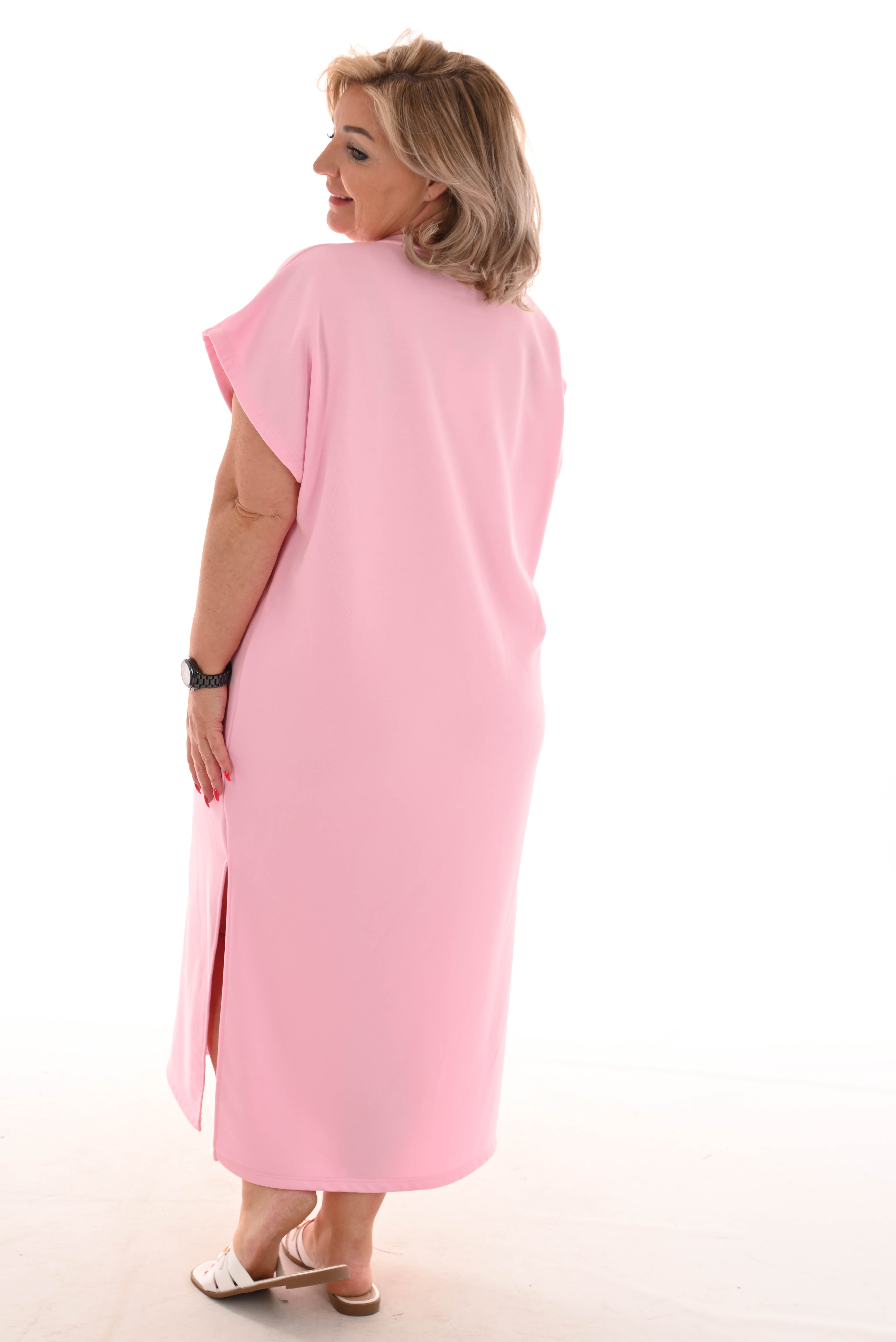 Sweater dress korte mouwen splitten lichtroze