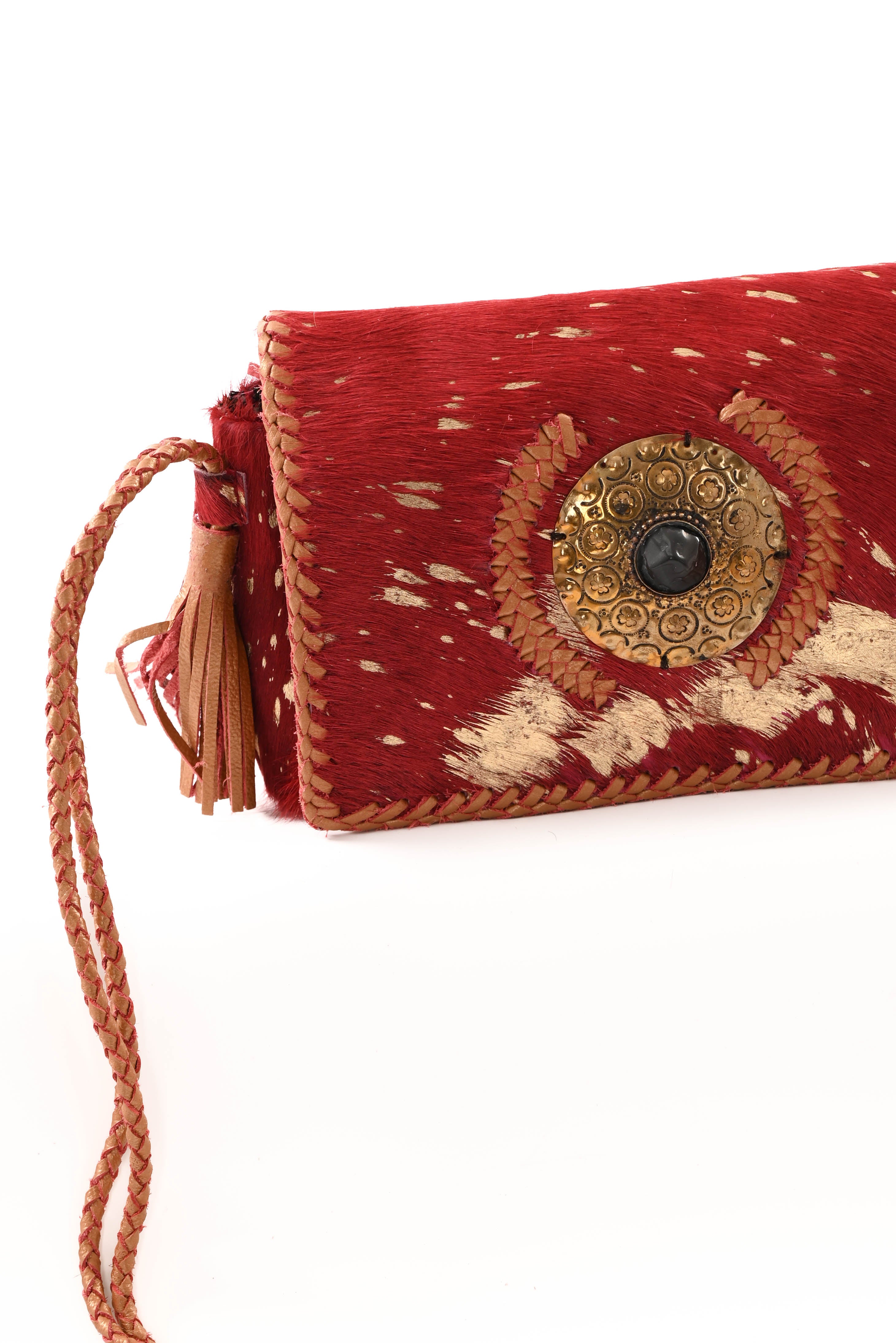 Ibiza stijl tas met vacht bordeaux