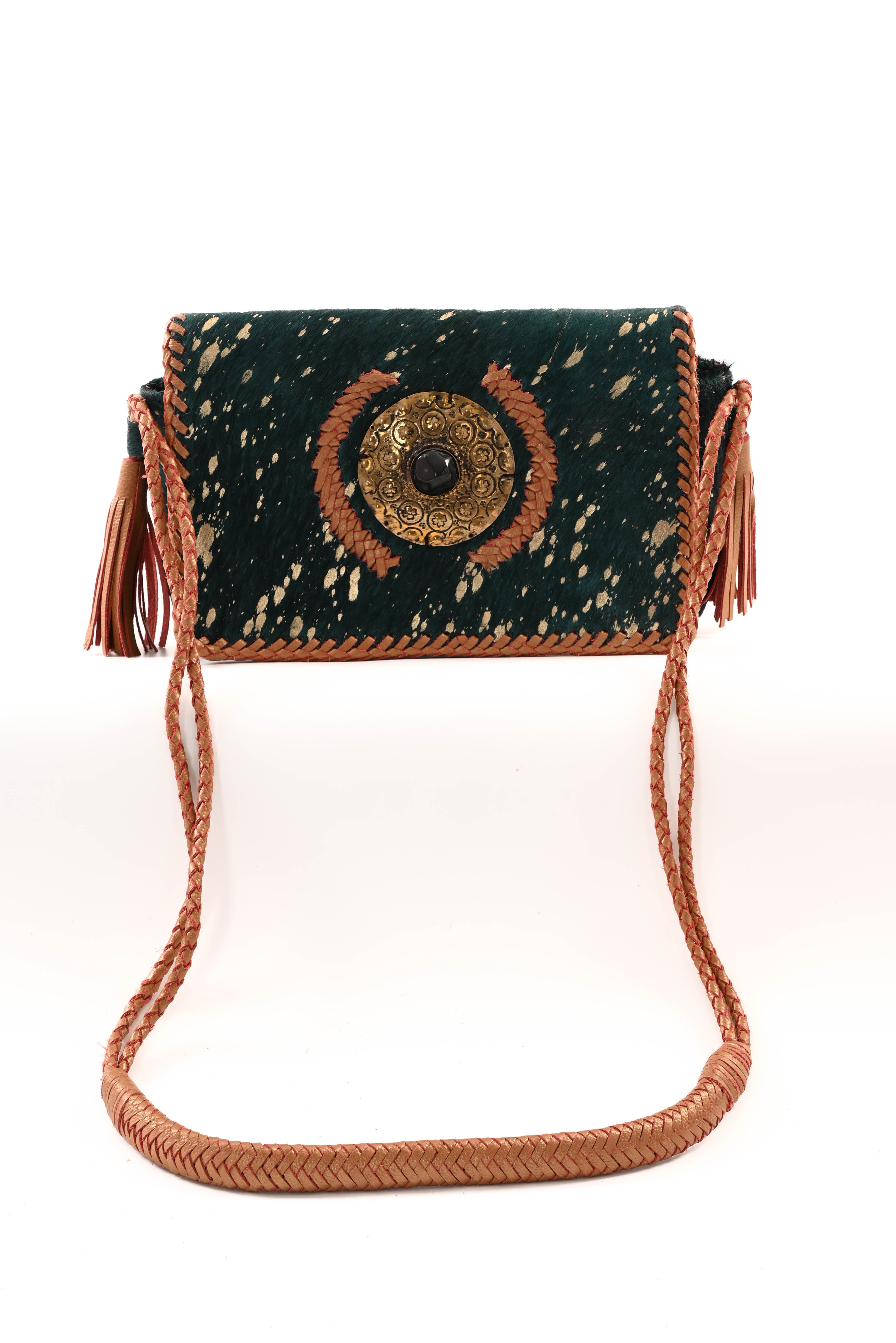 Ibiza stijl tas met vacht petrol