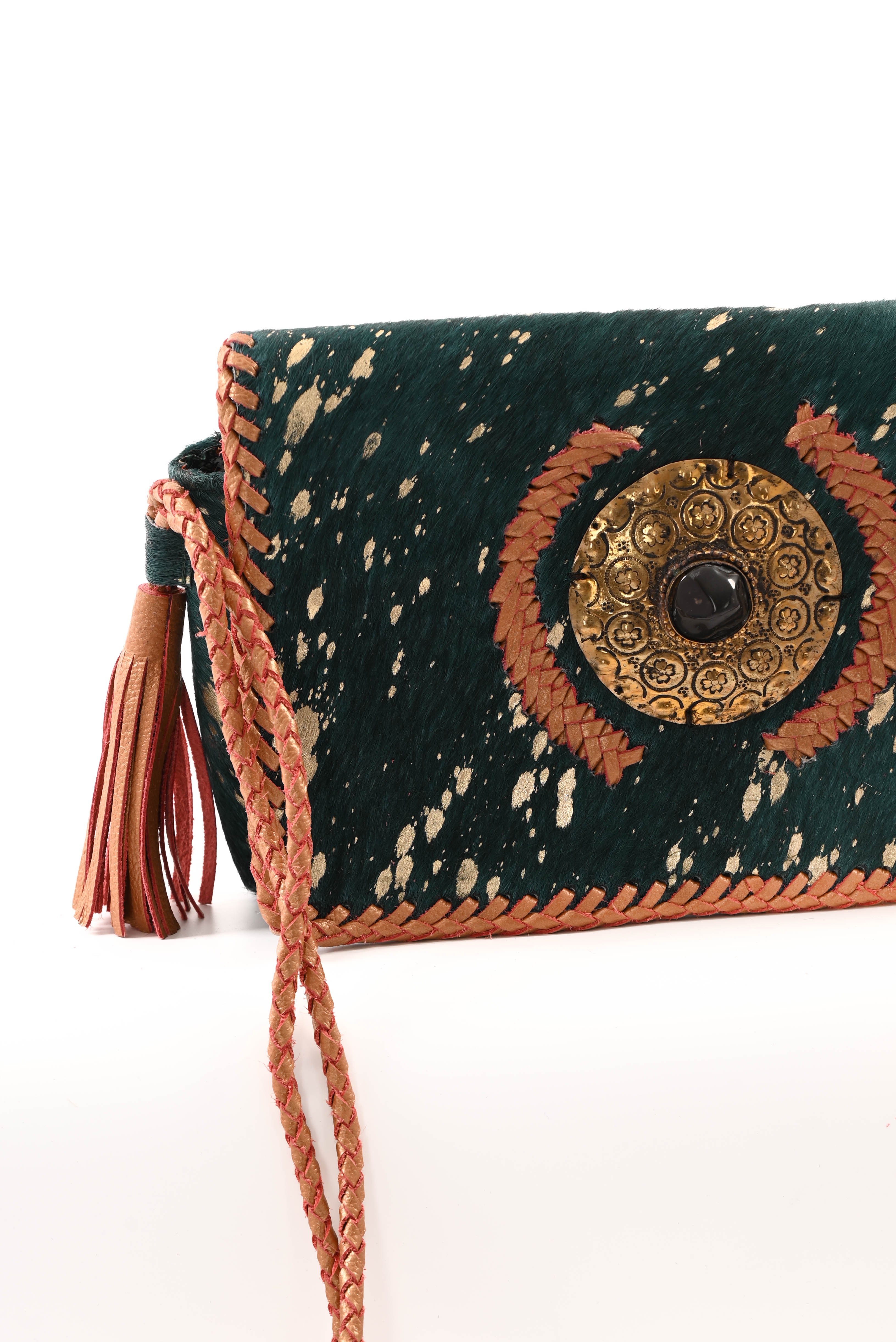 Ibiza stijl tas met vacht petrol