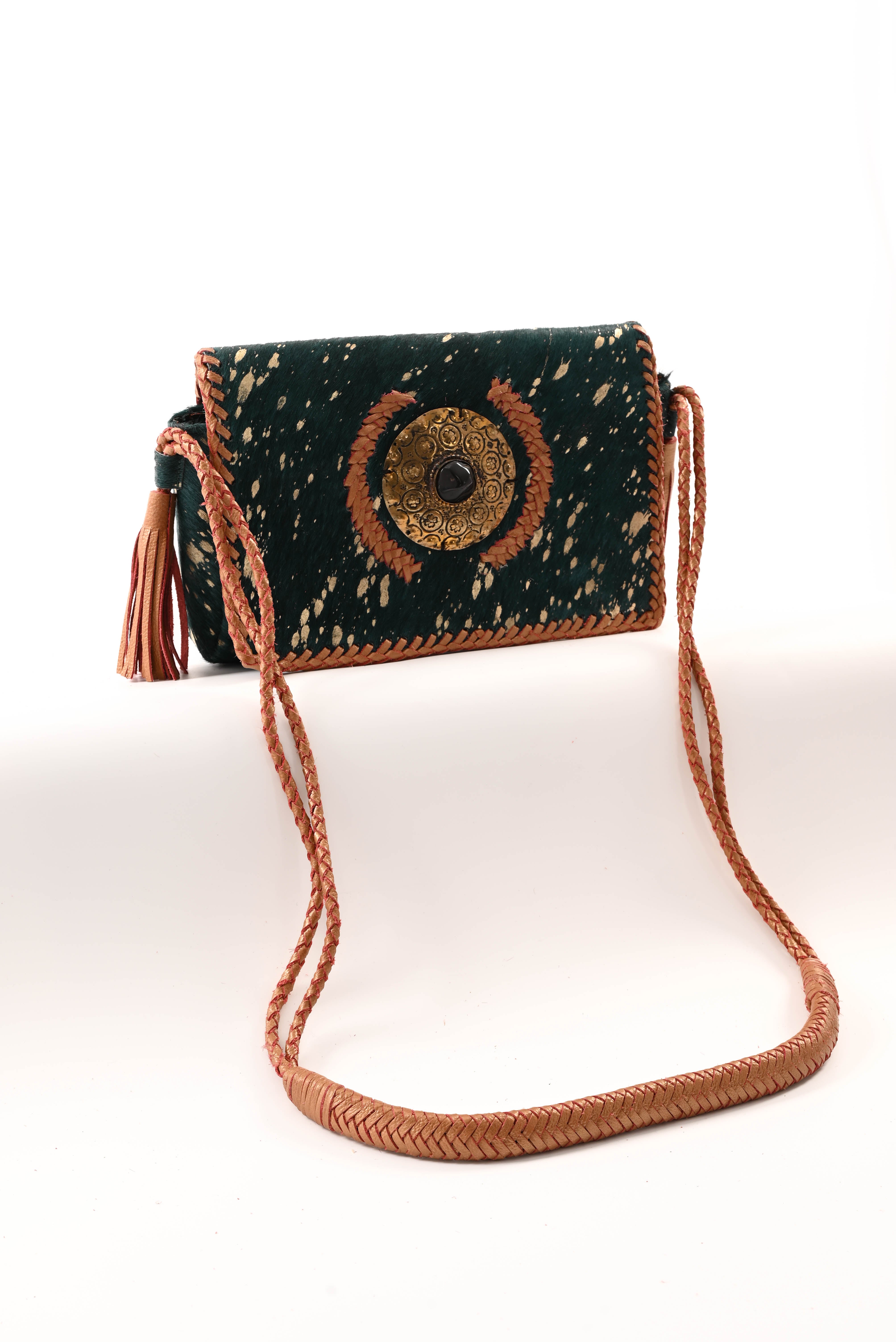 Ibiza stijl tas met vacht petrol