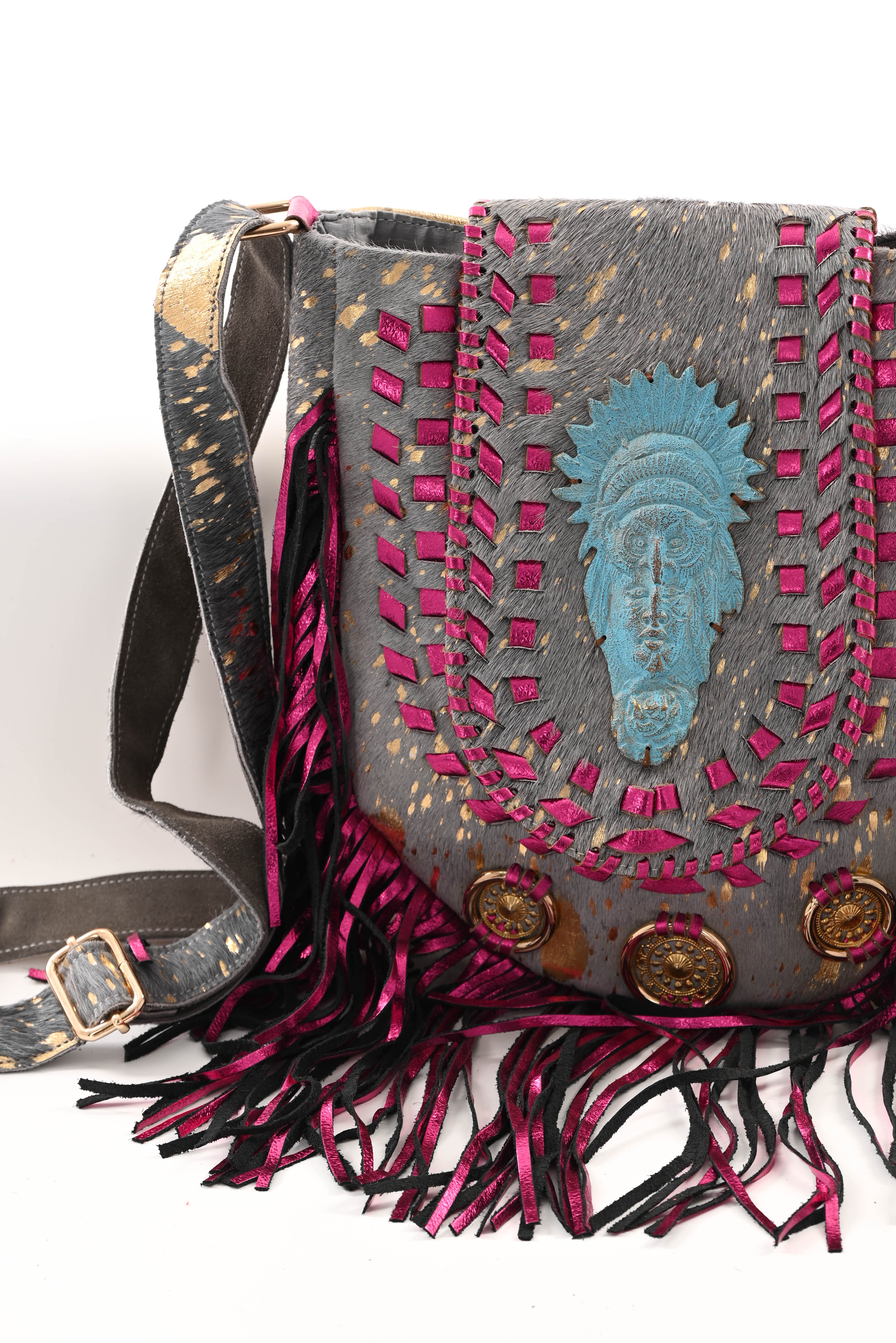 Ibiza stijl tas met franjes fuchsia/zwart