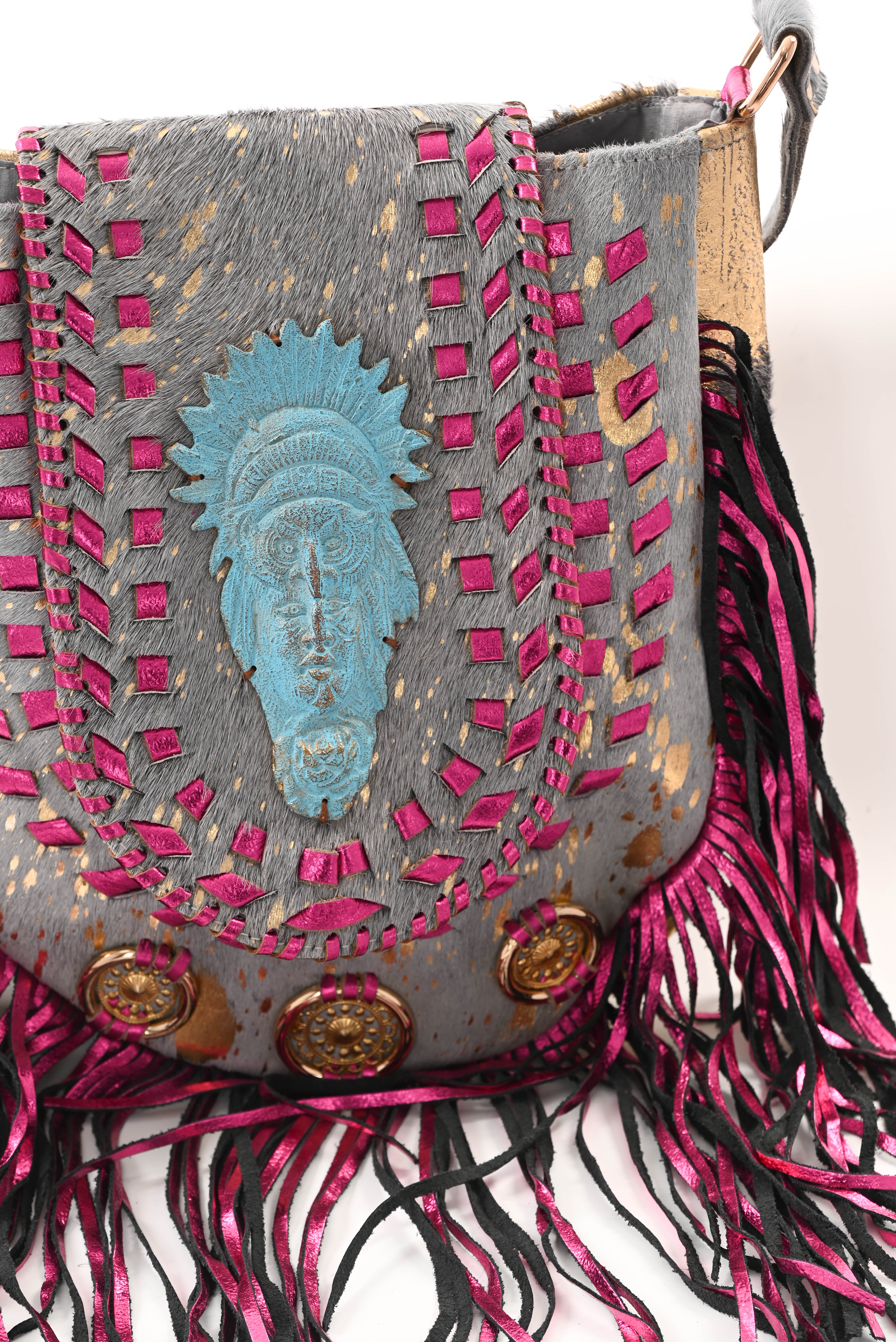Ibiza stijl tas met franjes fuchsia/zwart