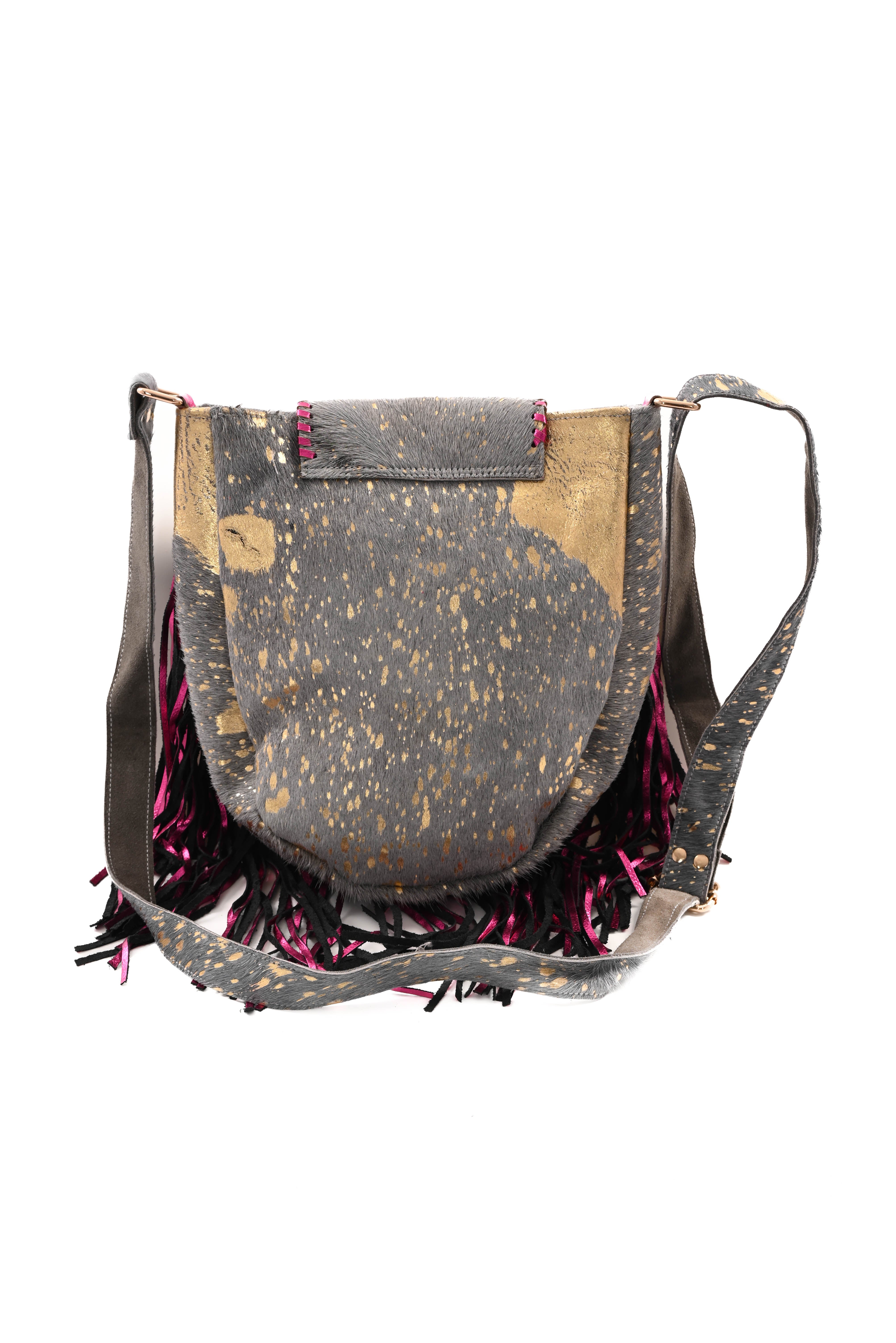 Ibiza stijl tas met franjes fuchsia/zwart
