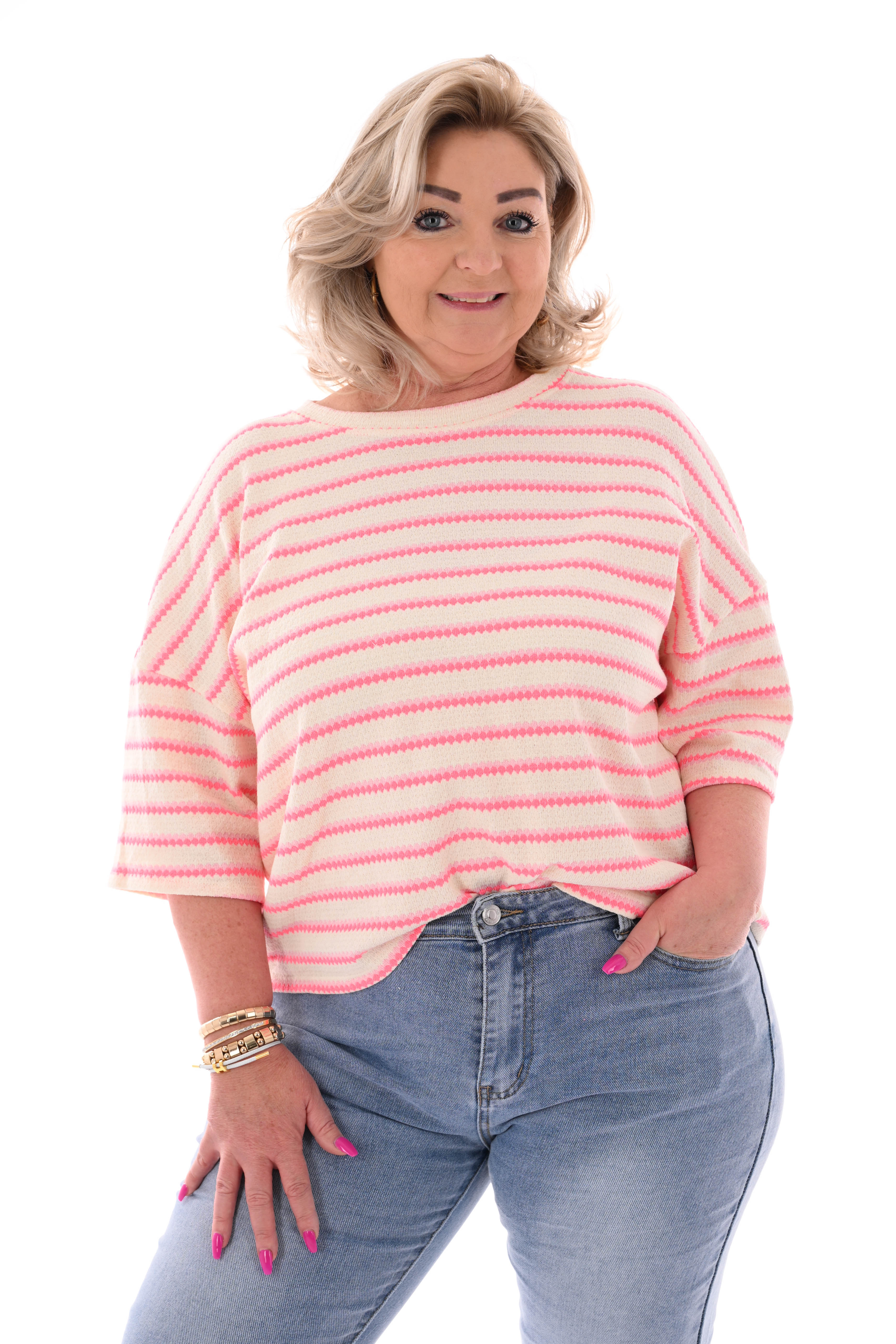 Shirt twee kleurige strepen lichtroze/felroze