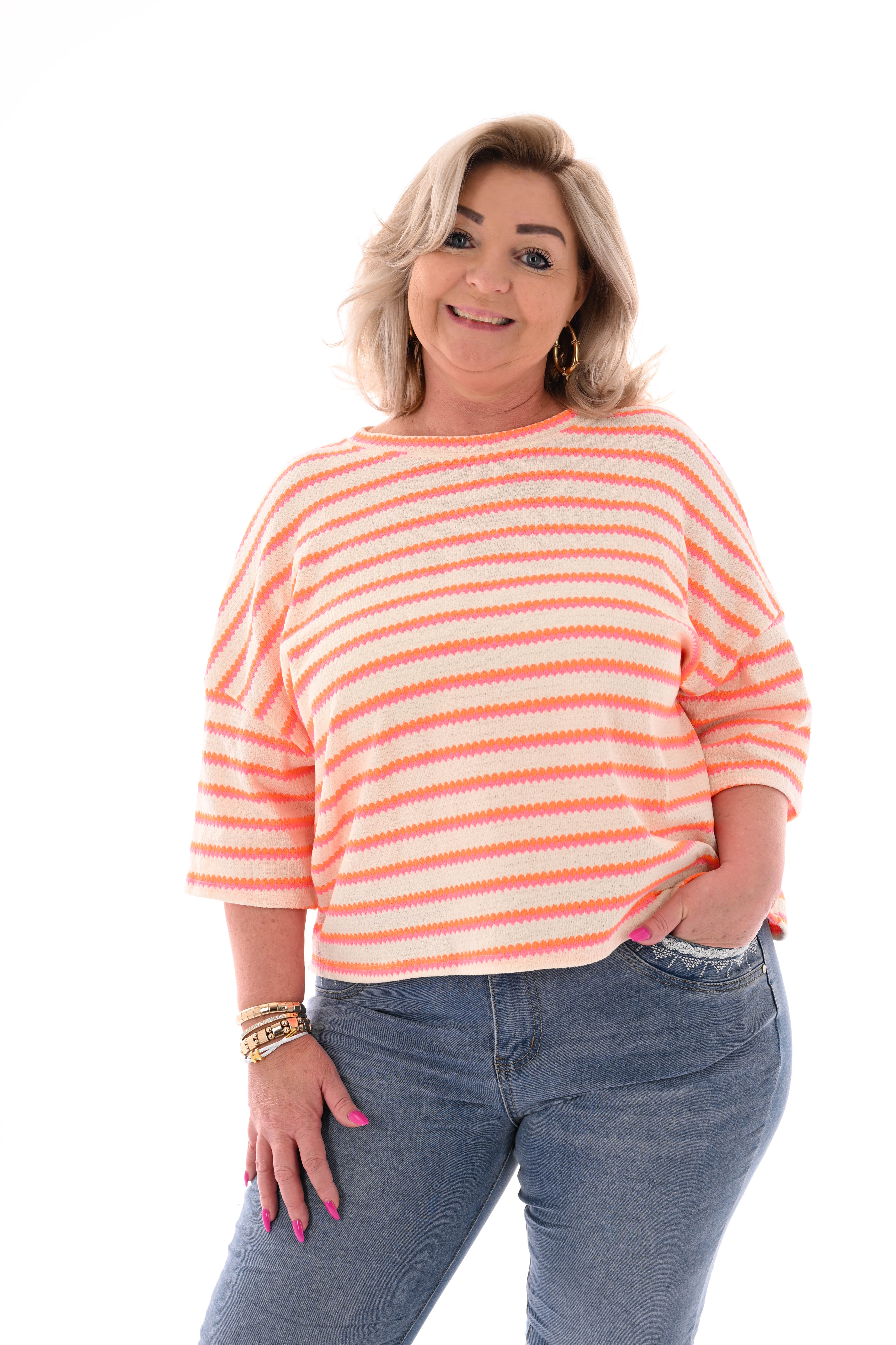 Shirt twee kleurige strepen feloranje/roze