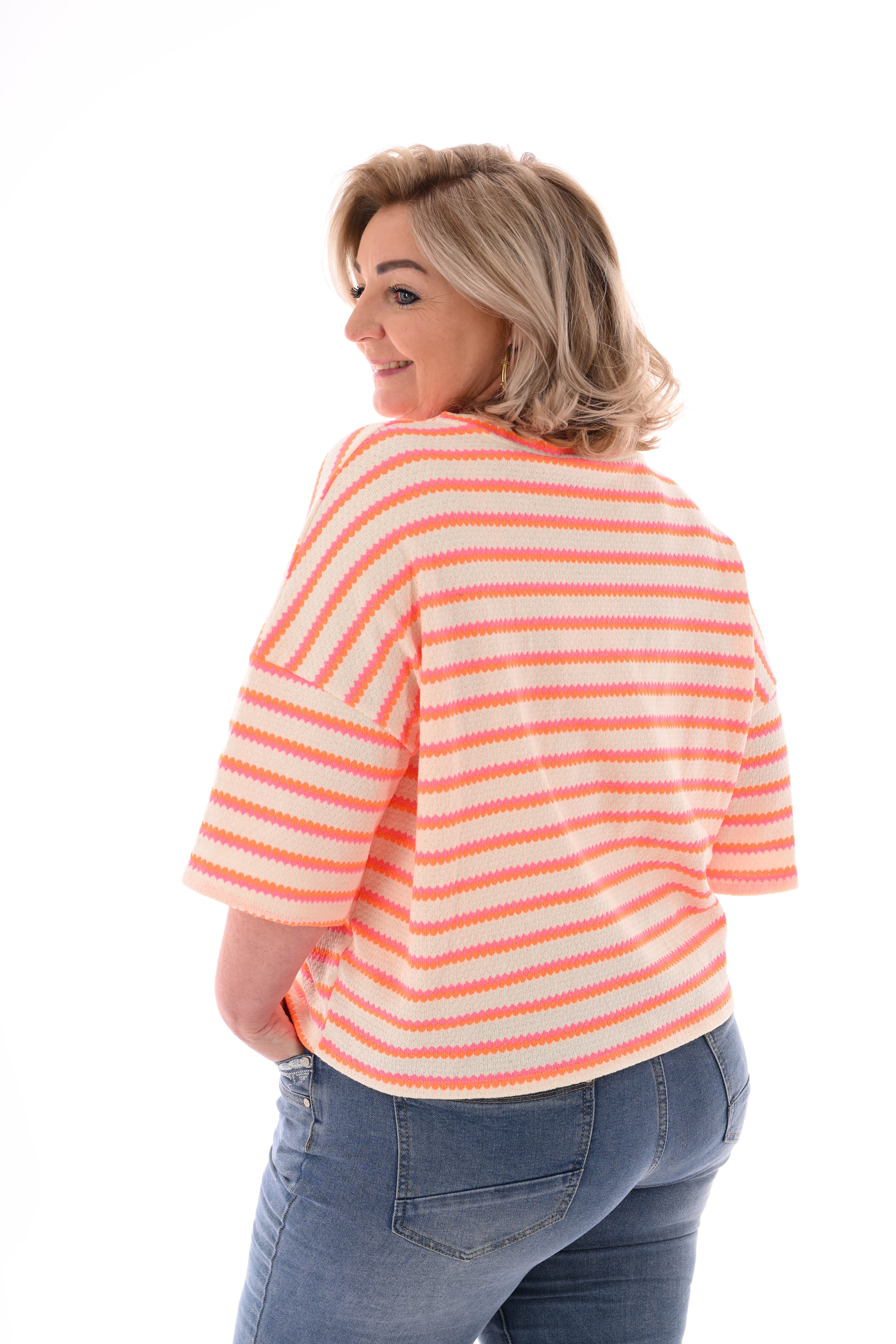 Shirt twee kleurige strepen feloranje/roze
