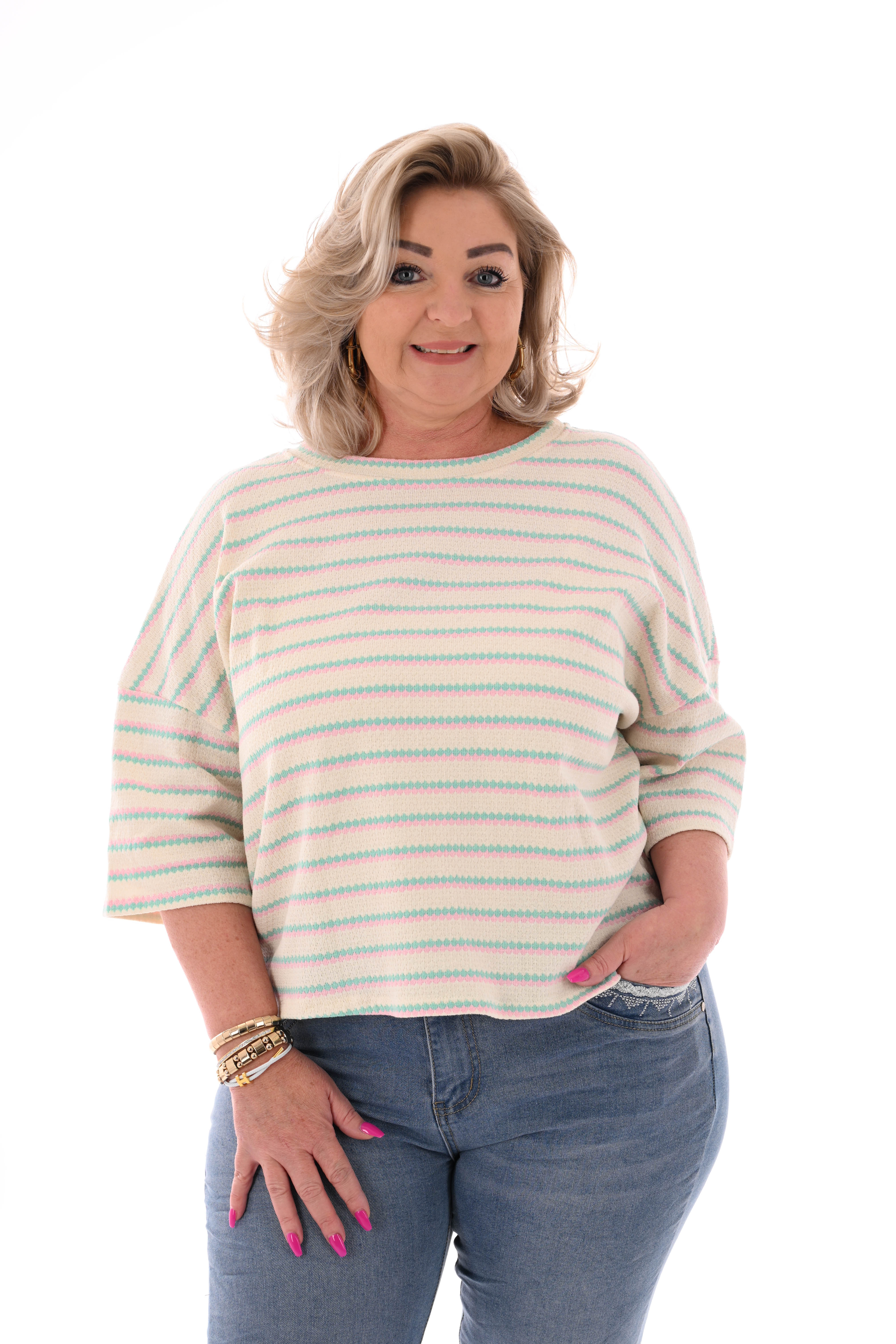 Shirt twee kleurige strepen turquoise/lichtroze