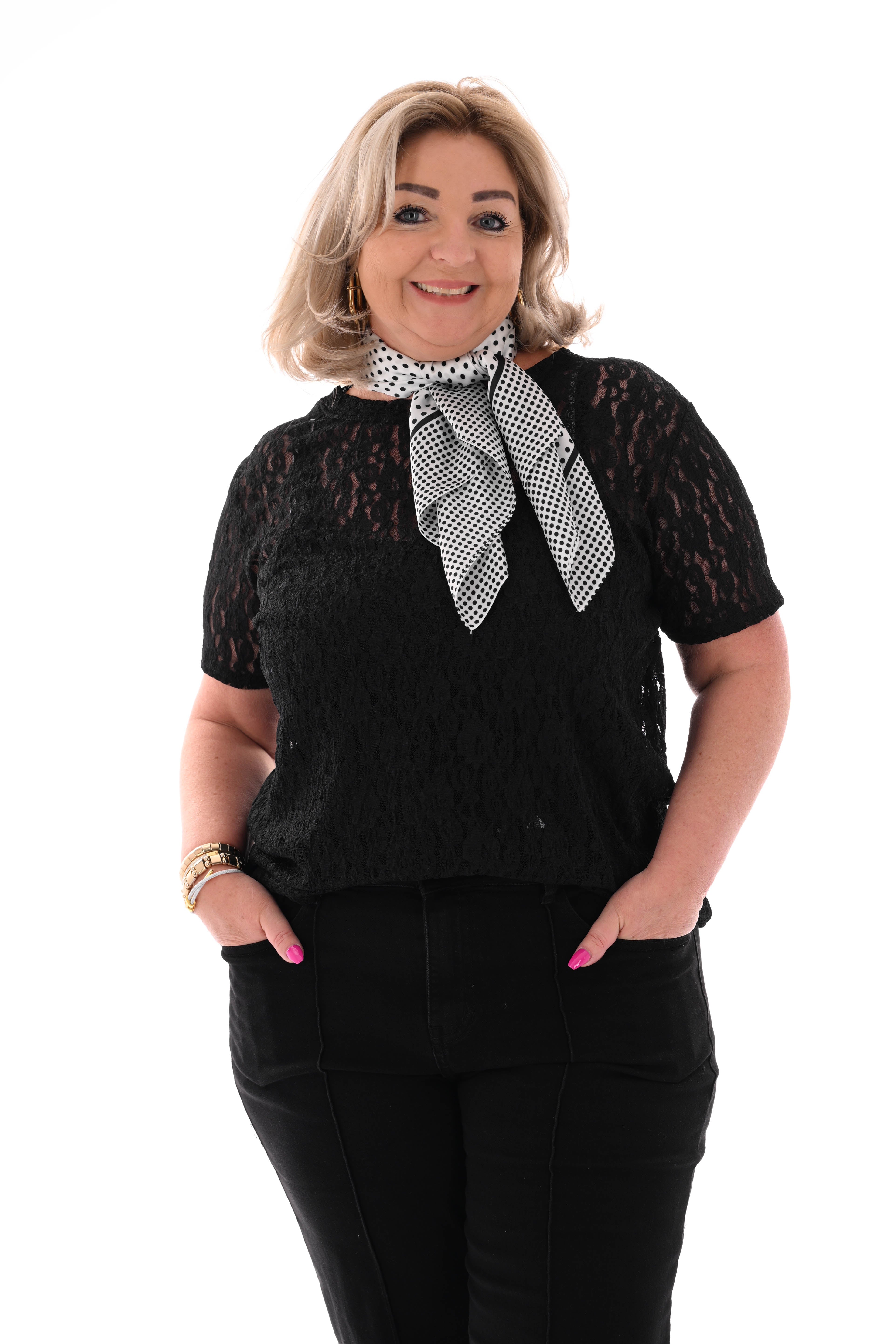 Shirt met kant ronde hals zwart