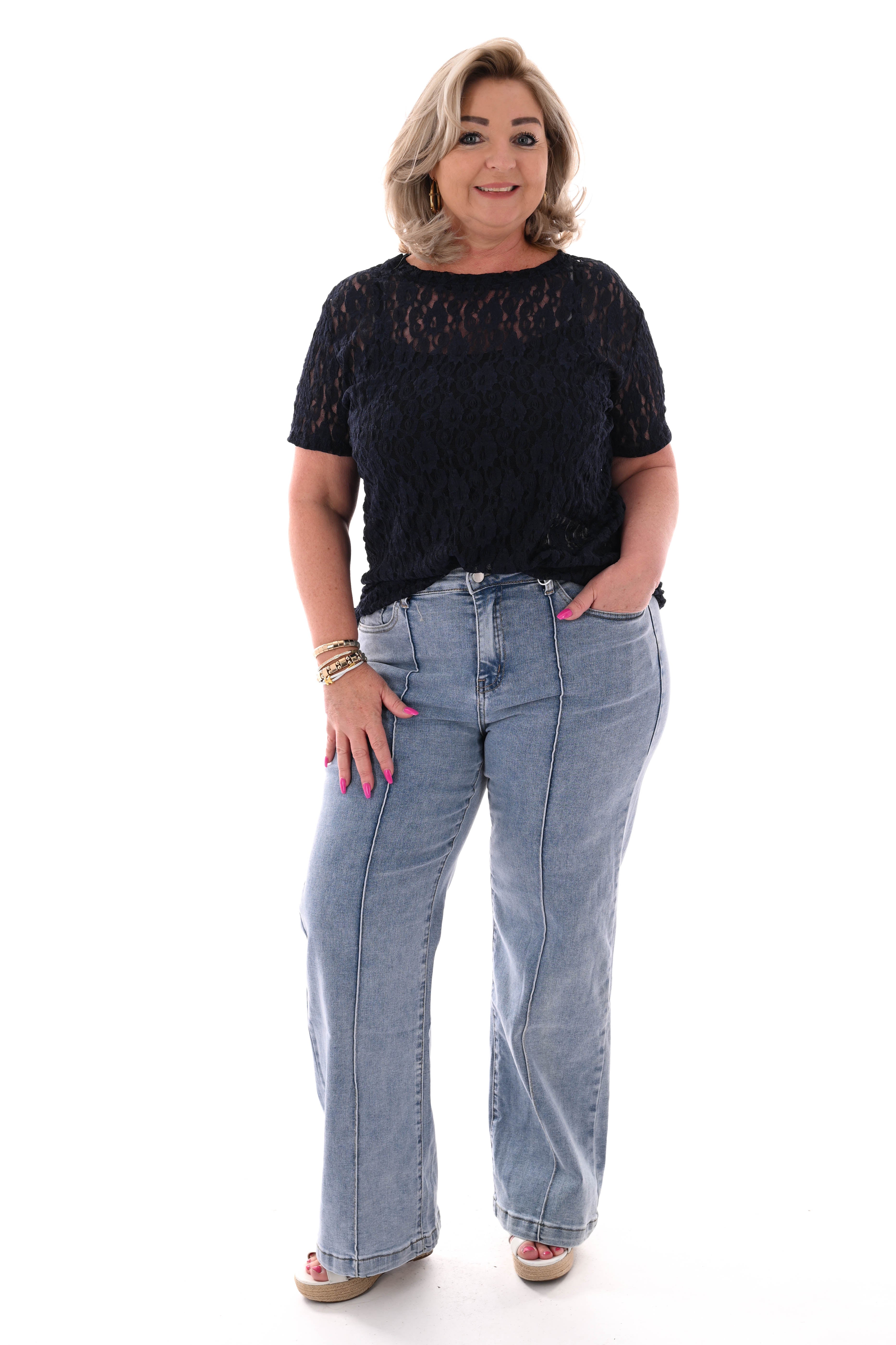 Shirt met kant ronde hals marineblauw