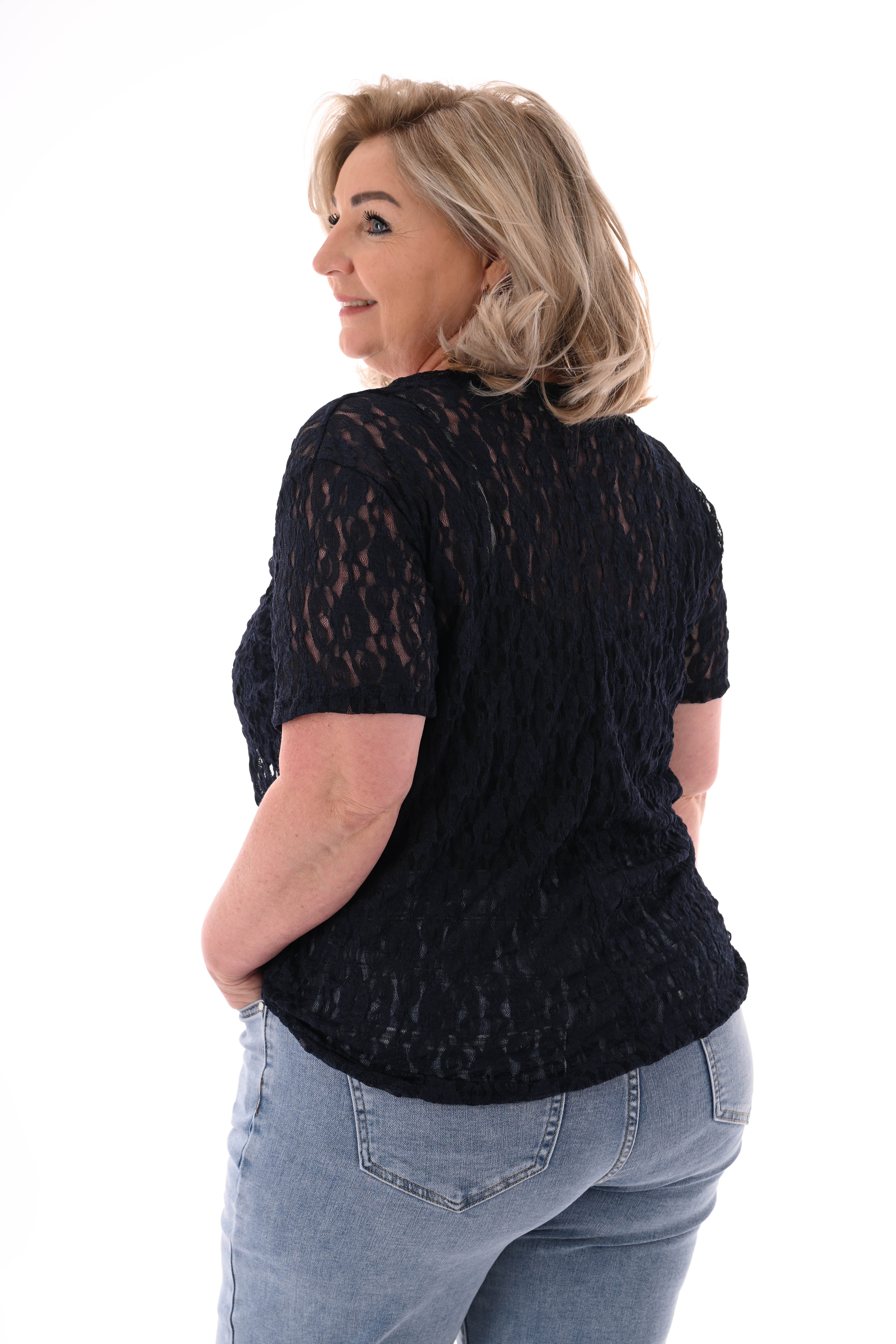 Shirt met kant ronde hals marineblauw