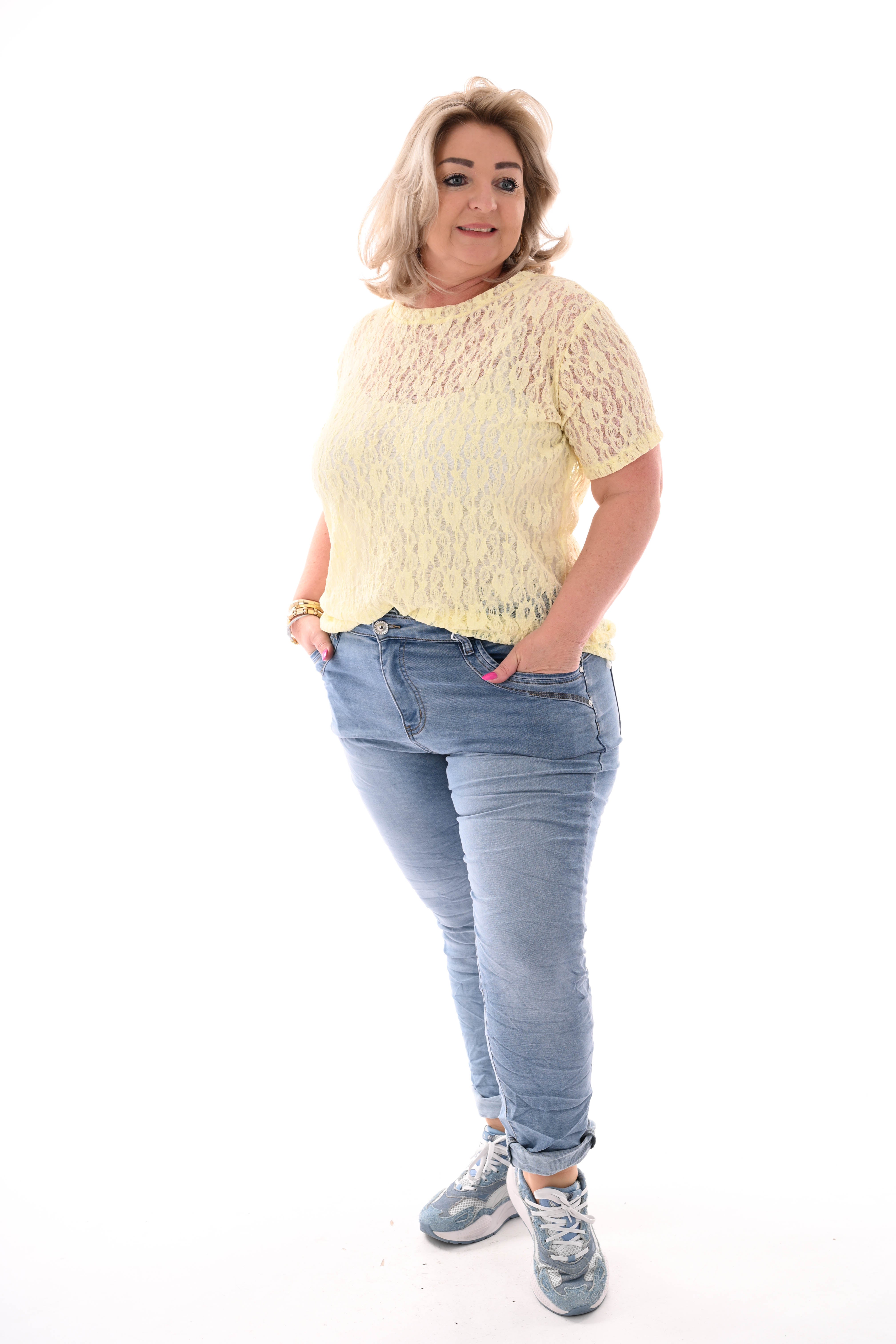 Shirt met kant ronde hals lichtgeel