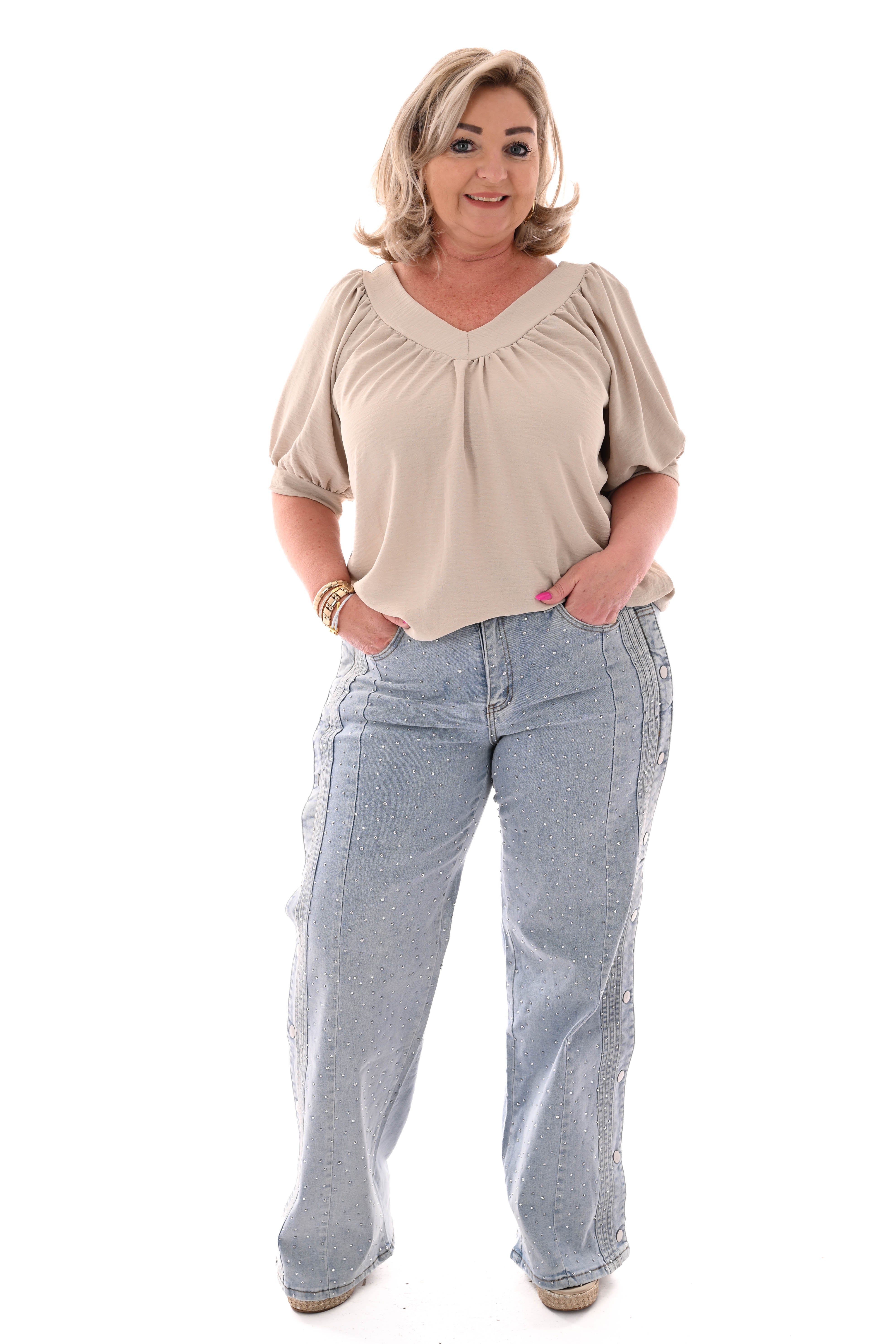 Top v-hals met pofmouwen uni beige