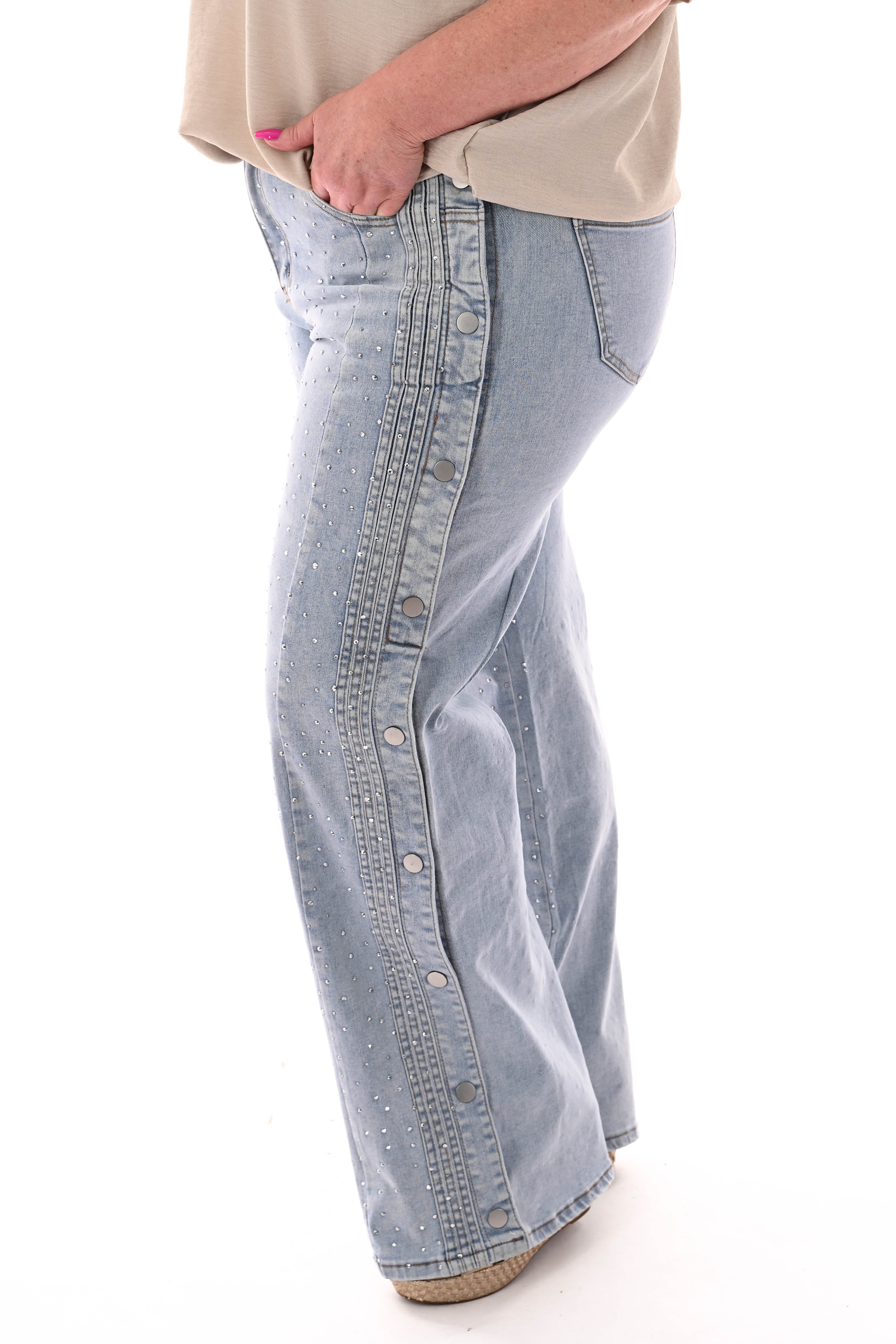 Monday wide leg strass en knopen lichtblauw