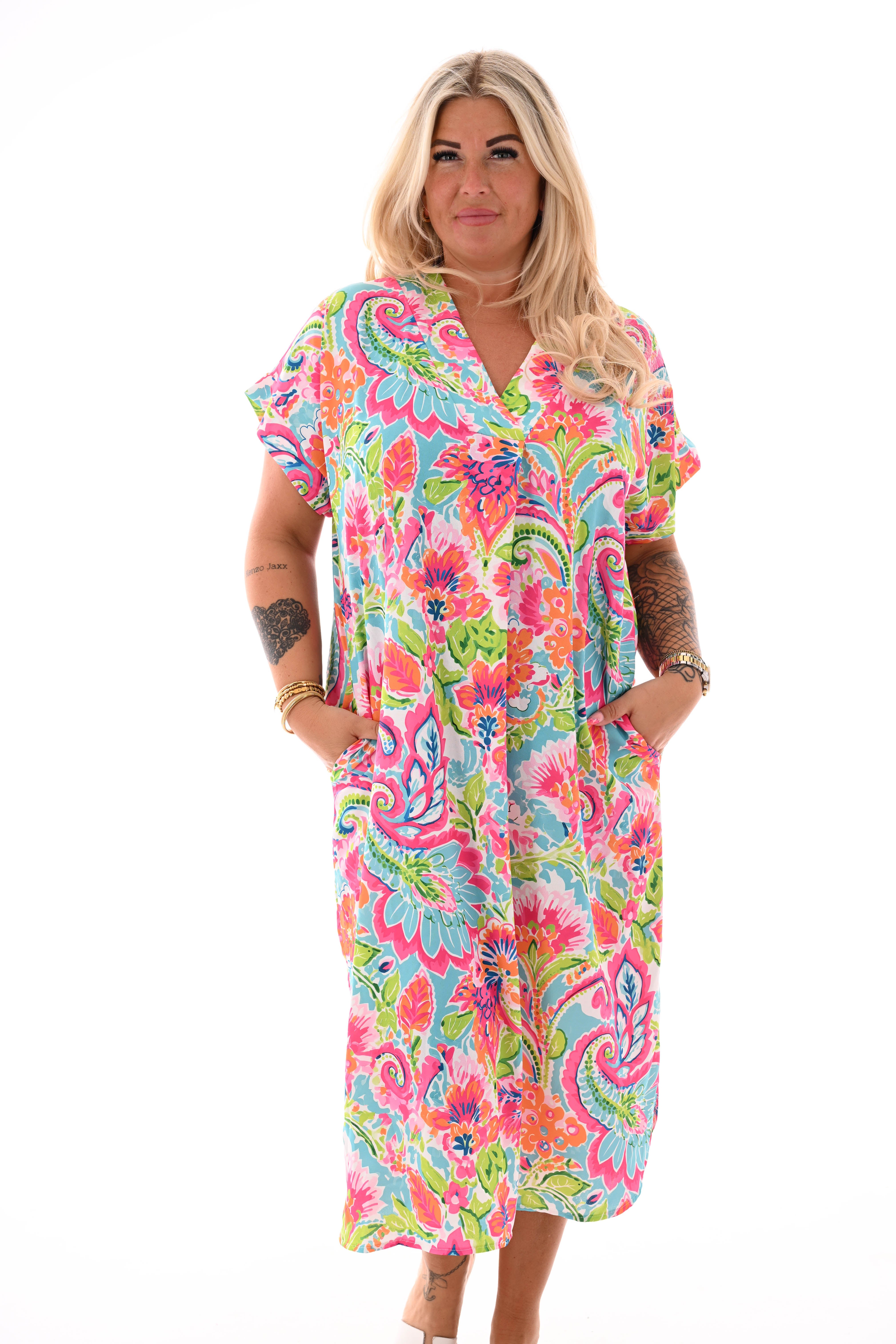 Jurk met zakken print fuchsia/groen
