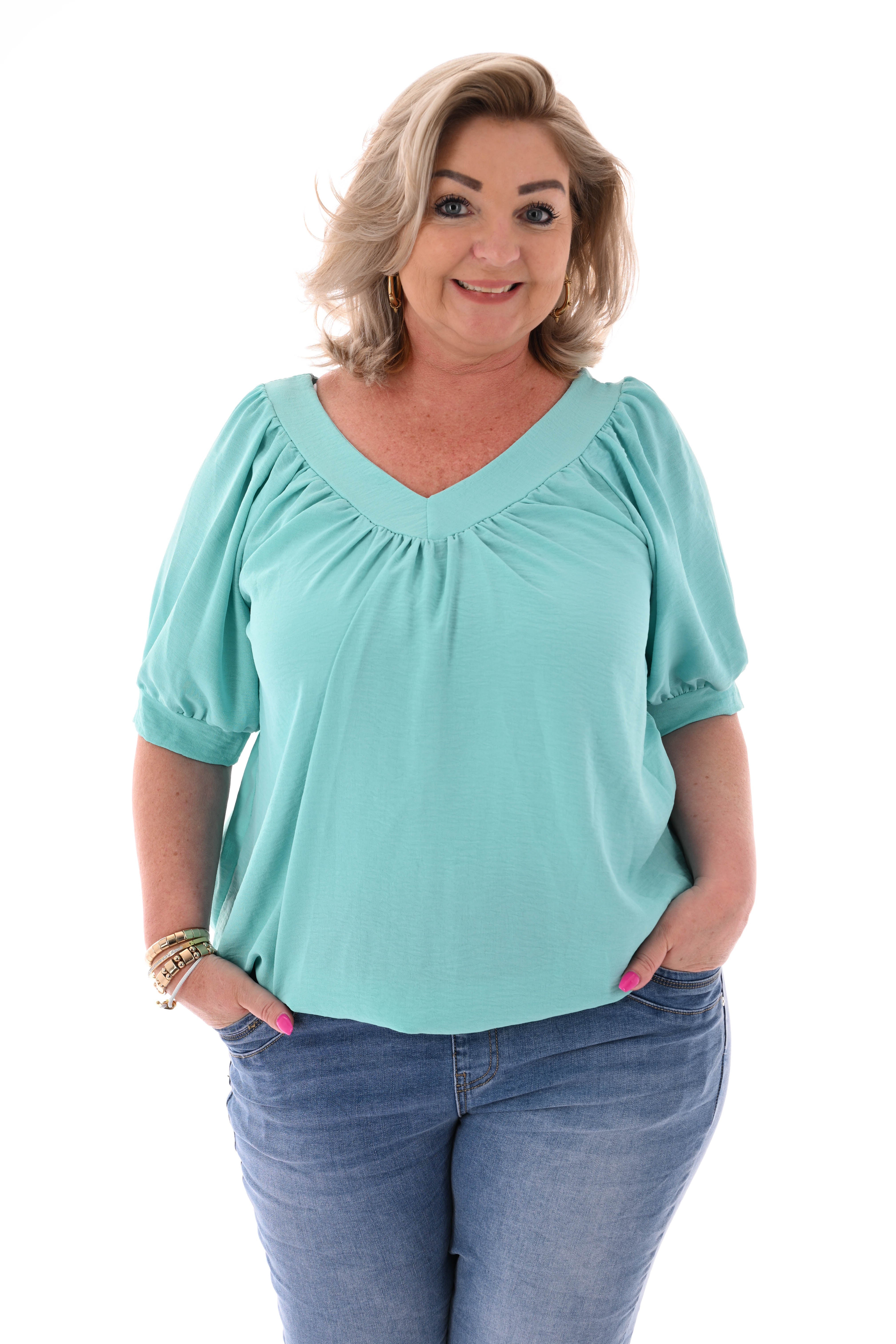 Top v-hals met pofmouwen uni turquoise
