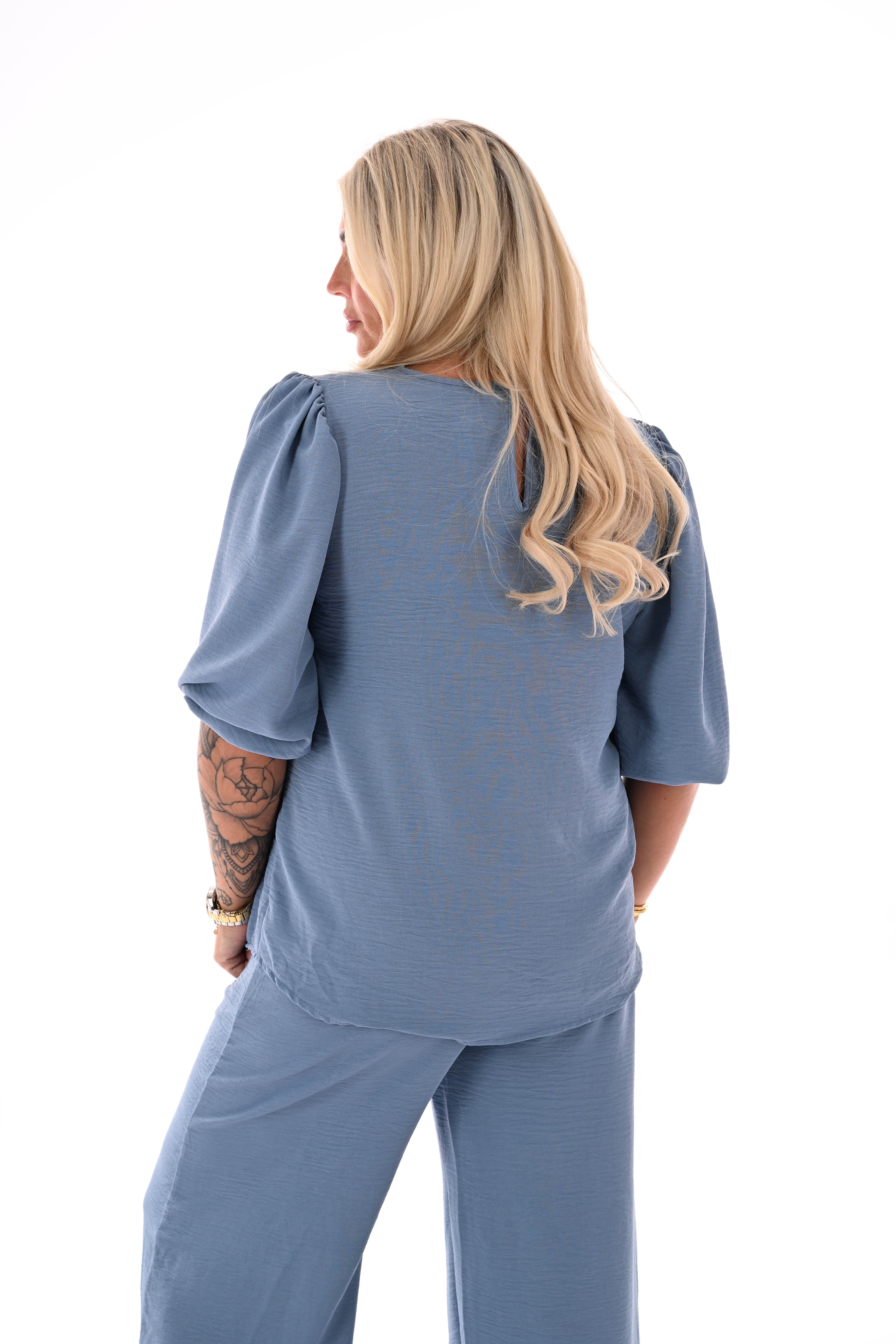 Tweedelig pak 3/4e pofmouwen uni jeansblauw