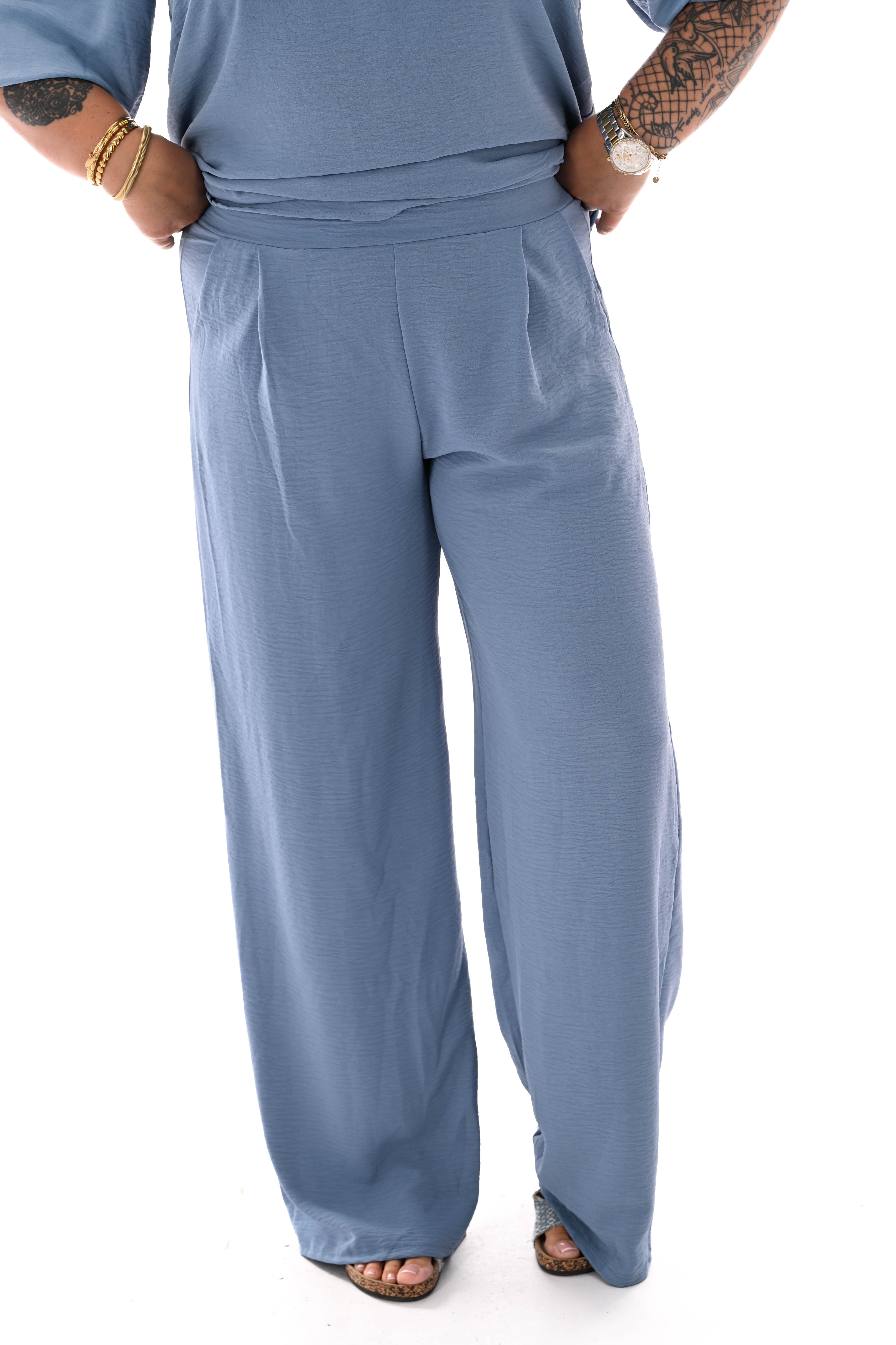 Tweedelig pak 3/4e pofmouwen uni jeansblauw