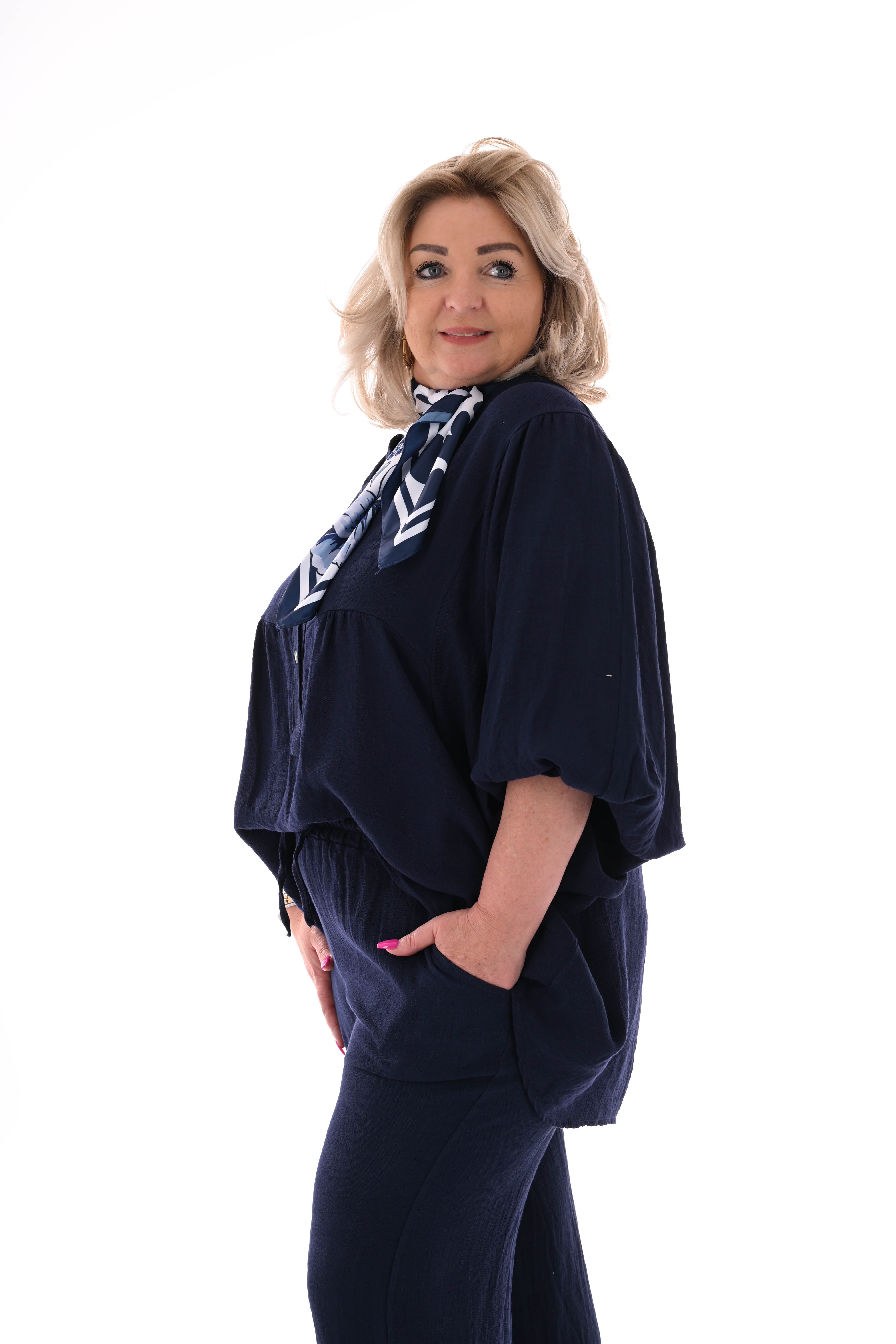 Tweedelig set top 3/4e vleermuismouwen marineblauw