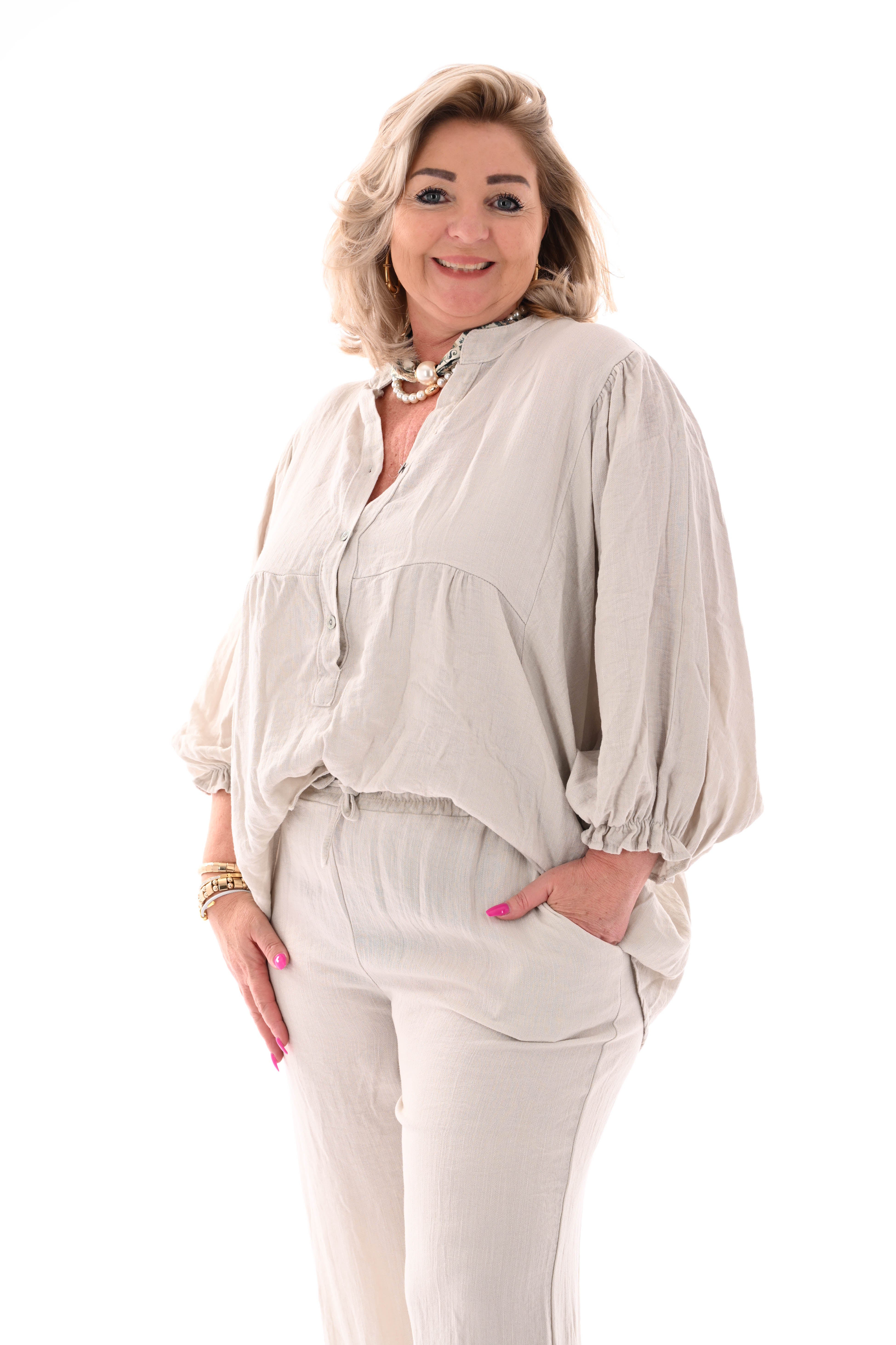 Tweedelig set top 3/4e vleermuismouwen beige