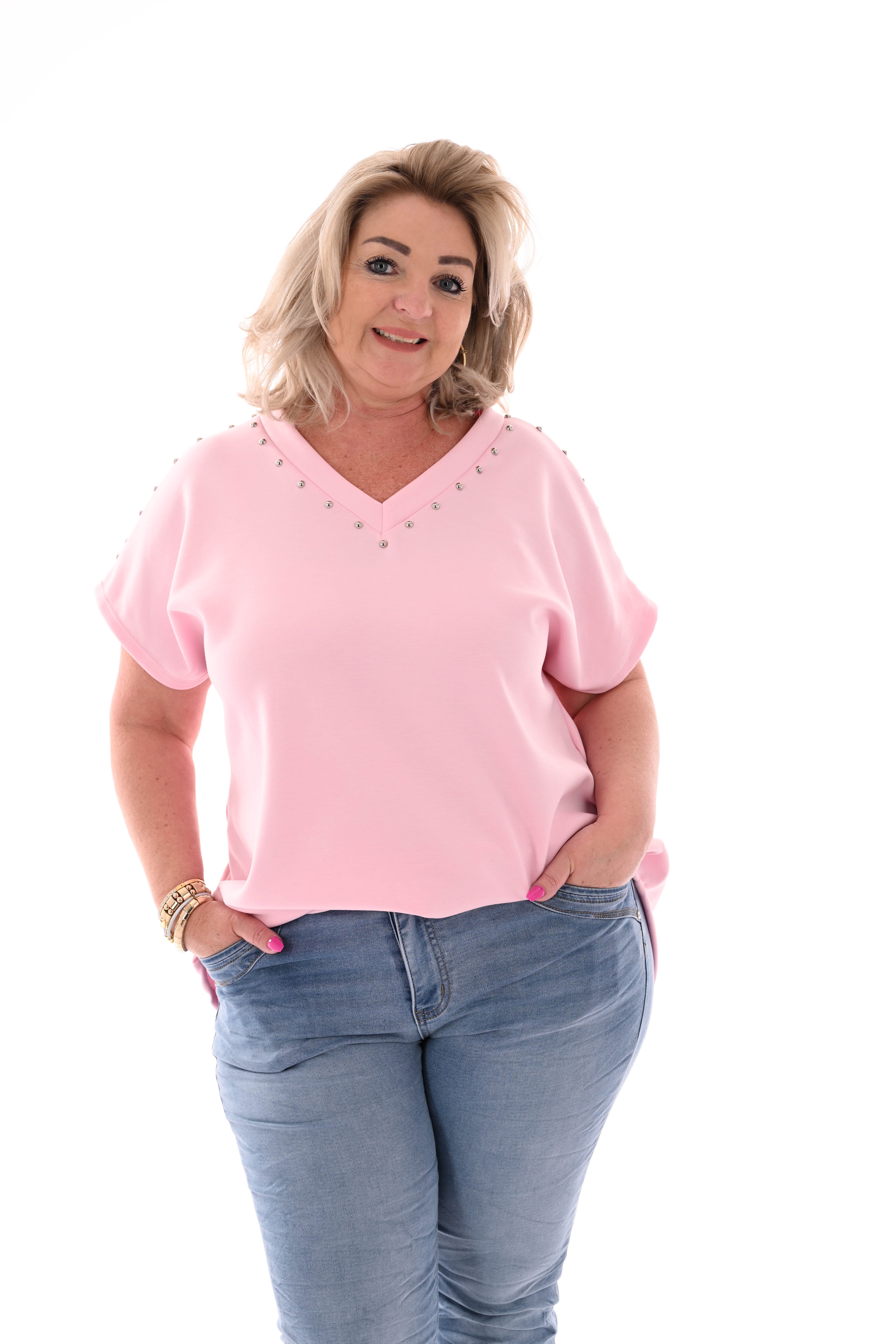 T-shirt v-hals met studs lichtroze