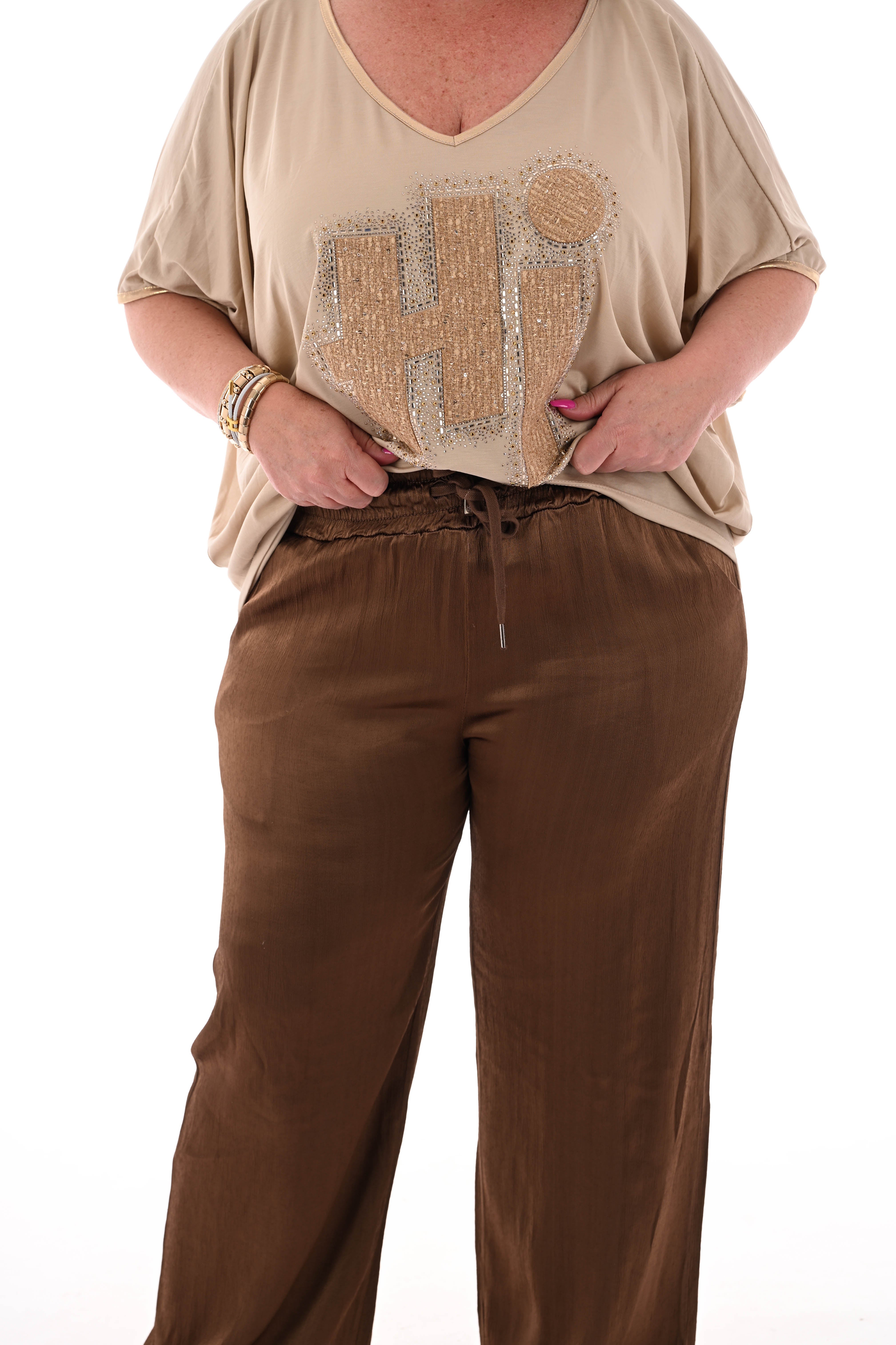Silky wijde broek met aantrekkoord bruin