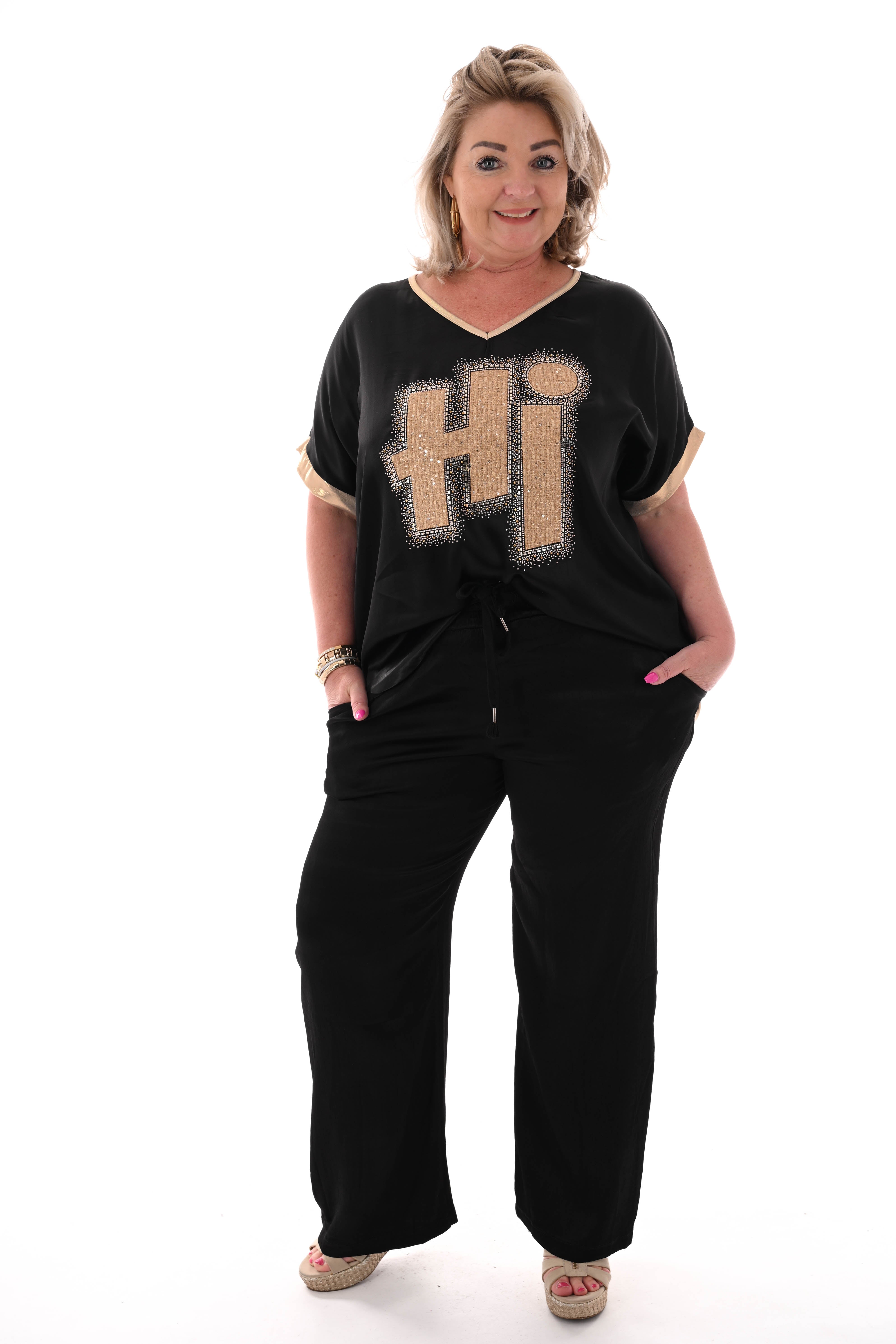 Silky wijde broek met aantrekkoord zwart