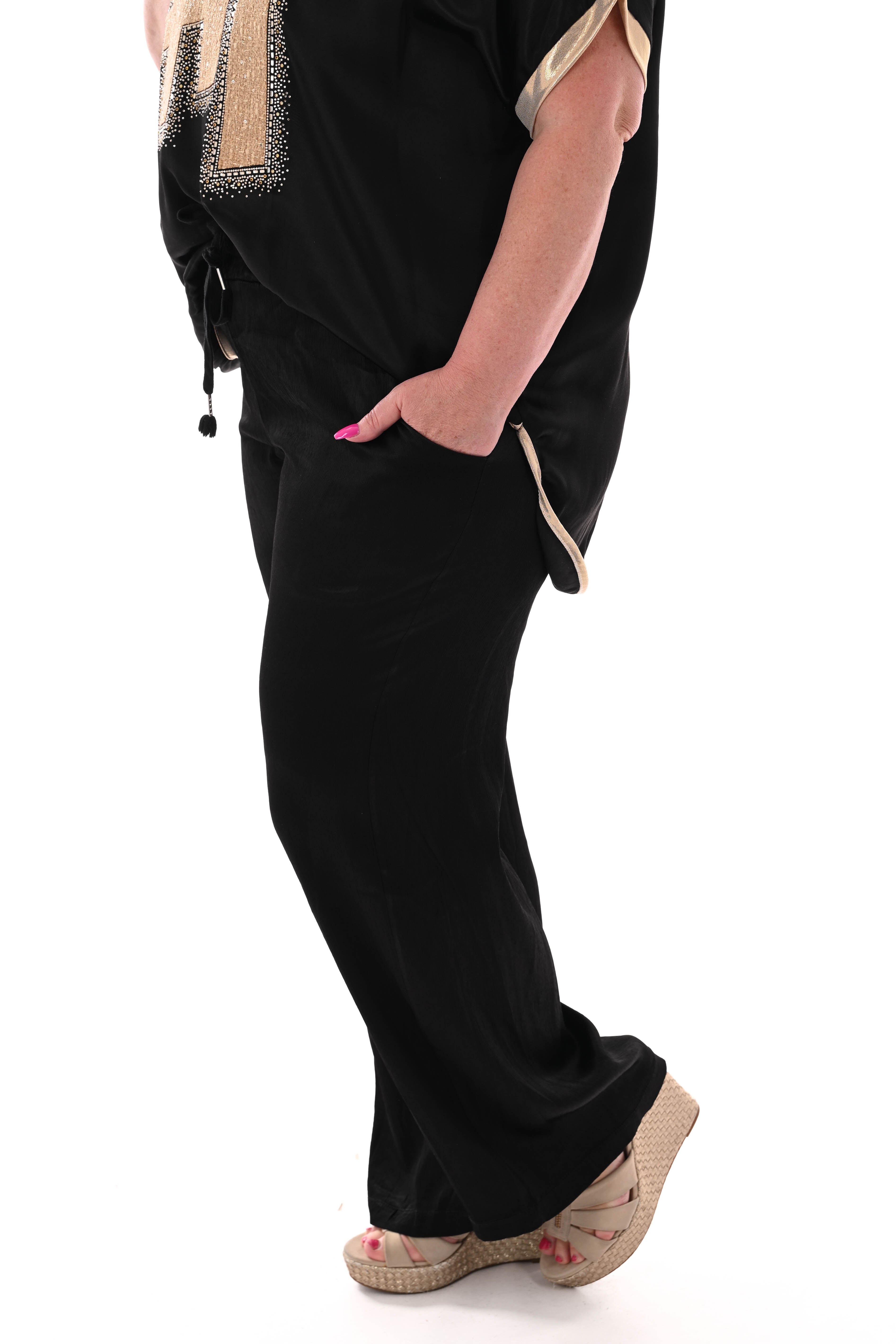 Silky wijde broek met aantrekkoord zwart
