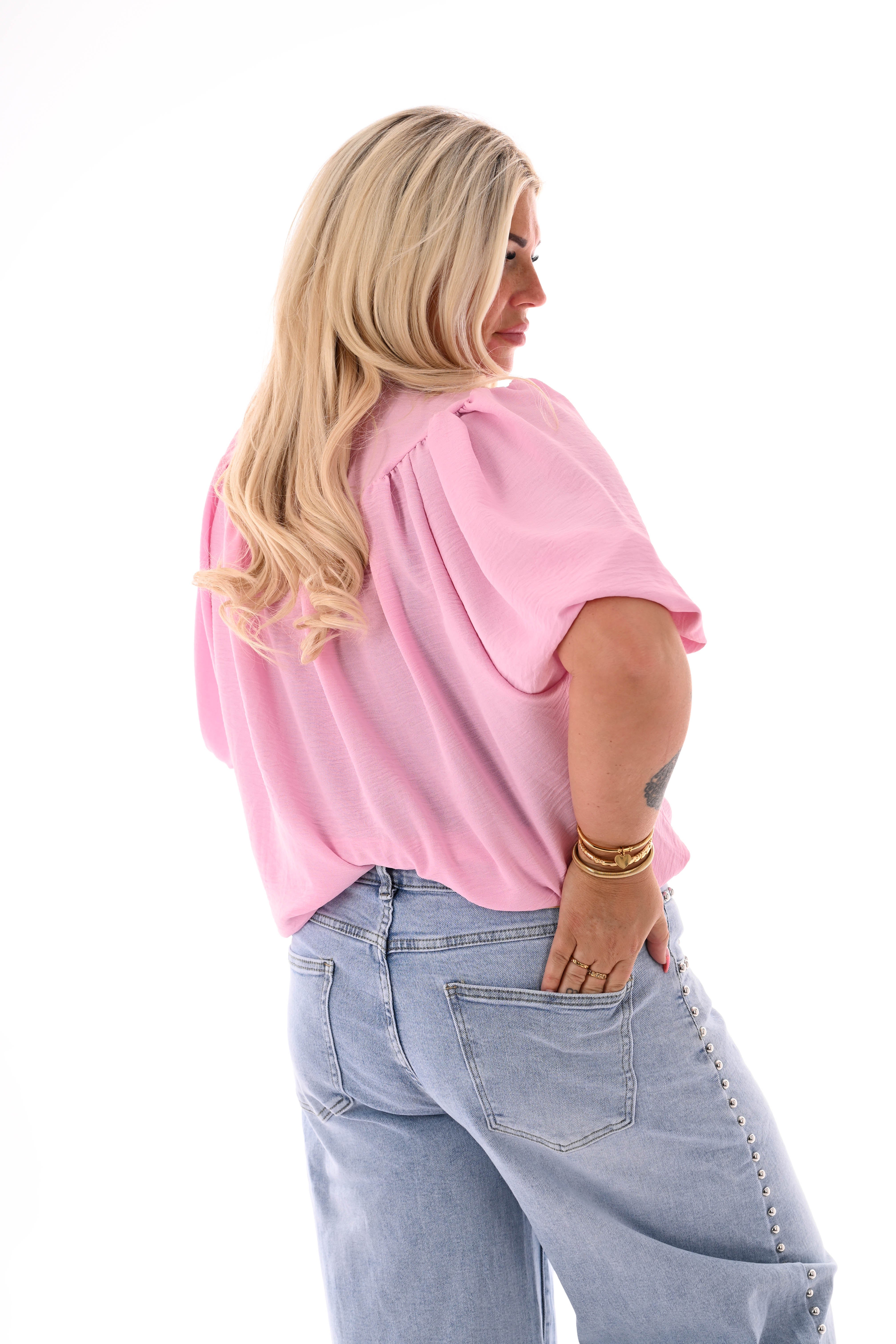 Doorknoop blouse korte pofmouwen uni lichtroze