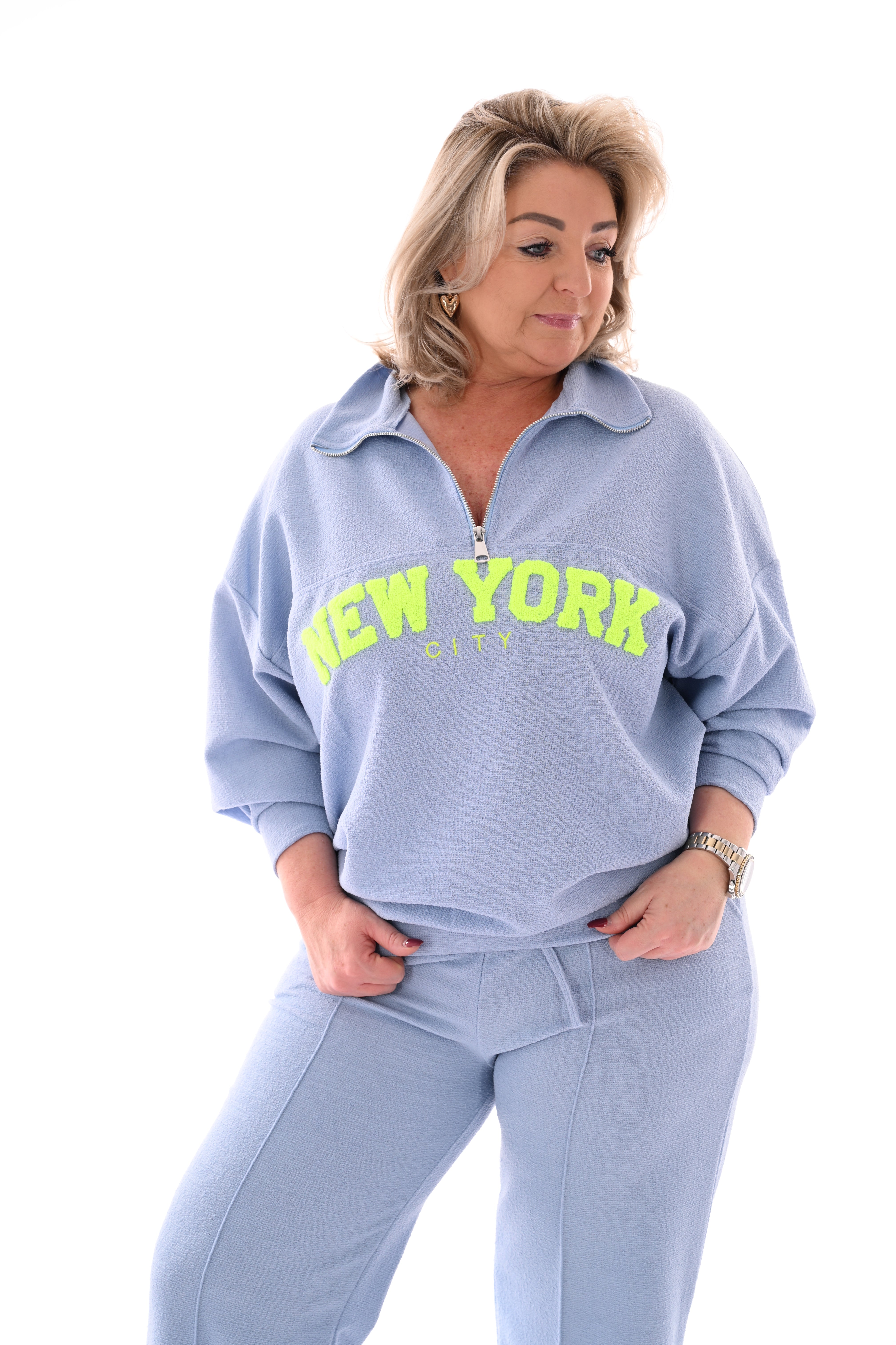 Tweedelig pak New York met rits lichtblauw