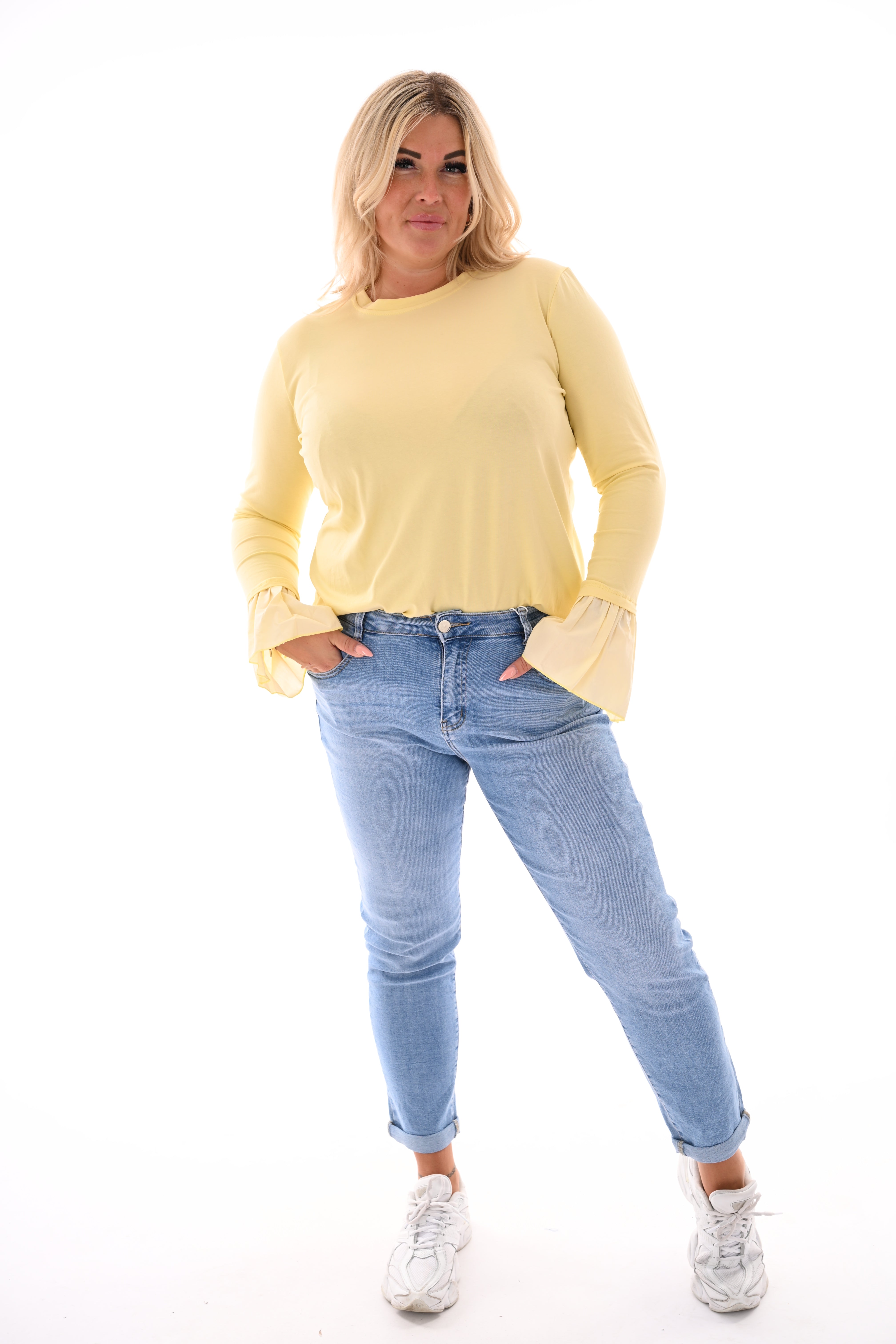 Top lange trompetmouwen lichtgeel