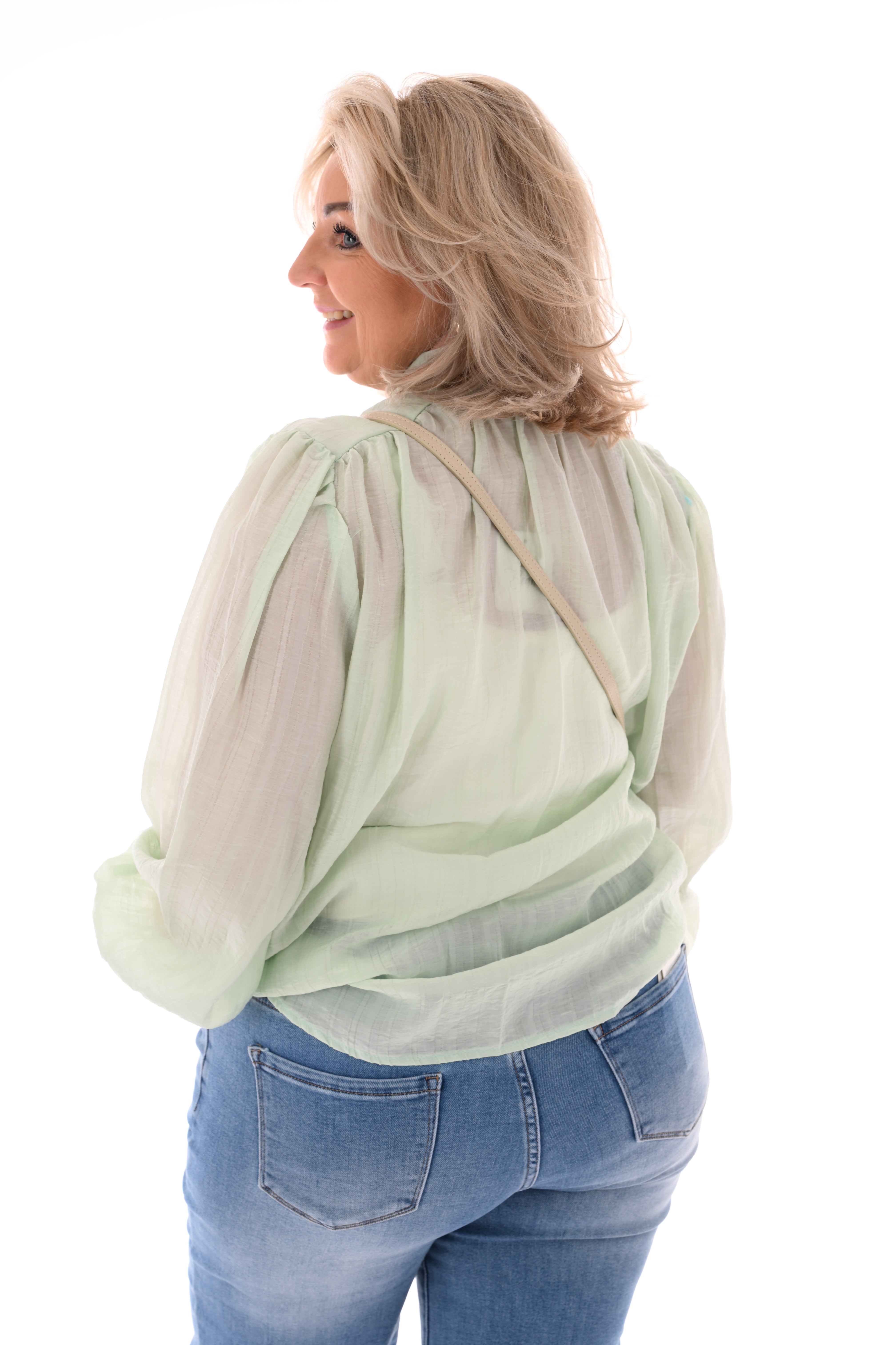 Blouse pofmouwen met strik lichtgroen
