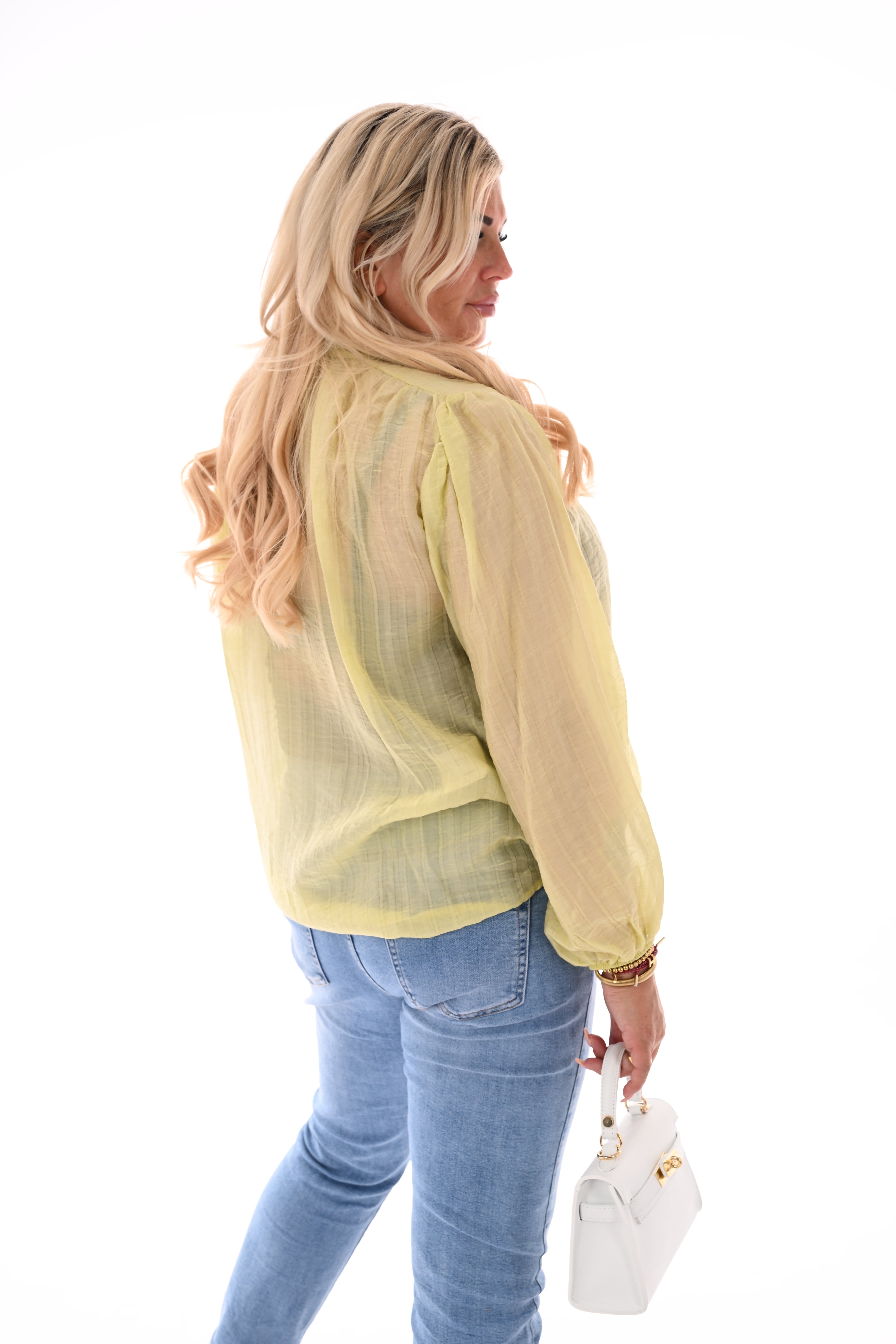 Blouse pofmouwen met strik geel