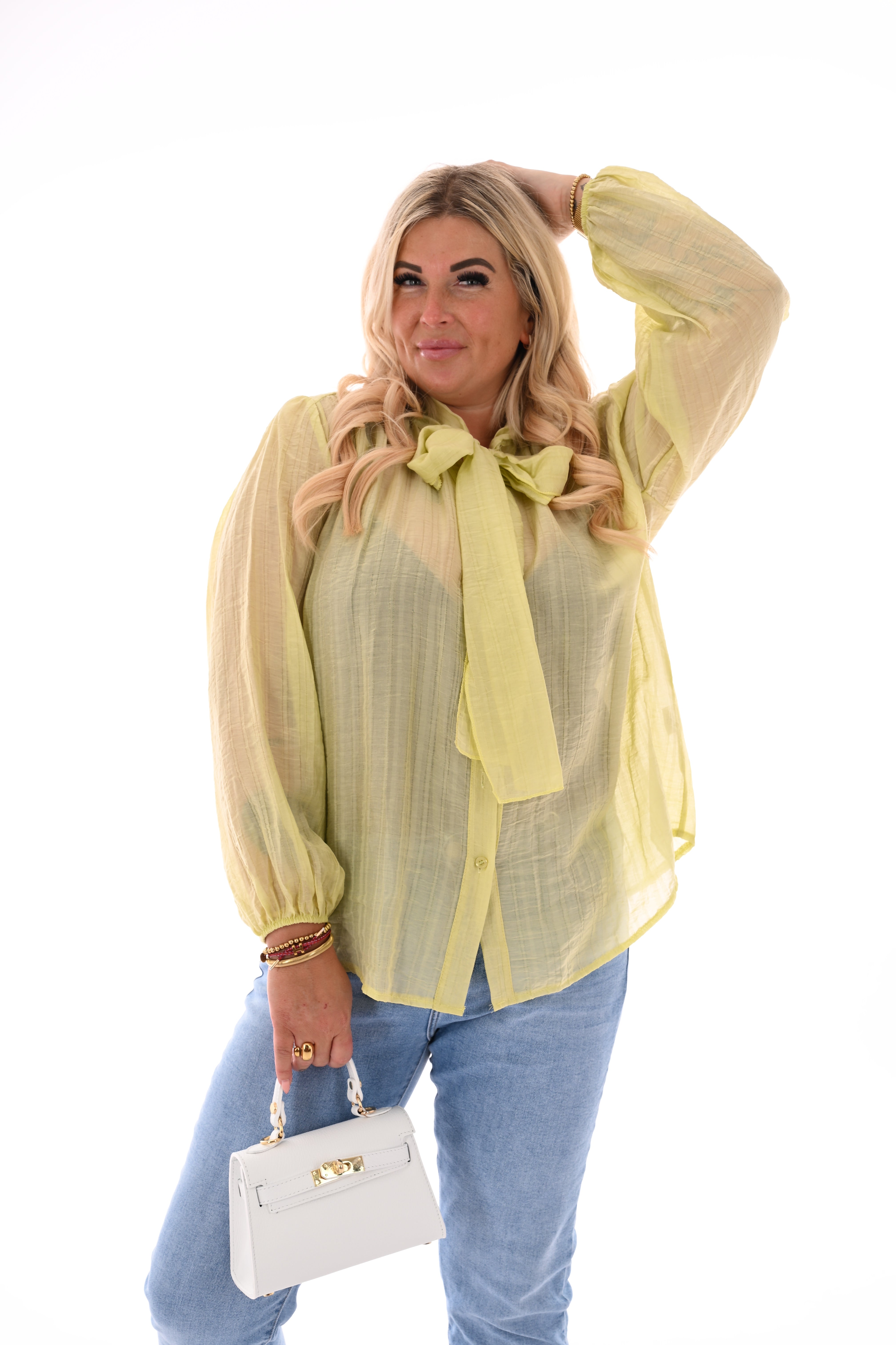 Blouse pofmouwen met strik geel