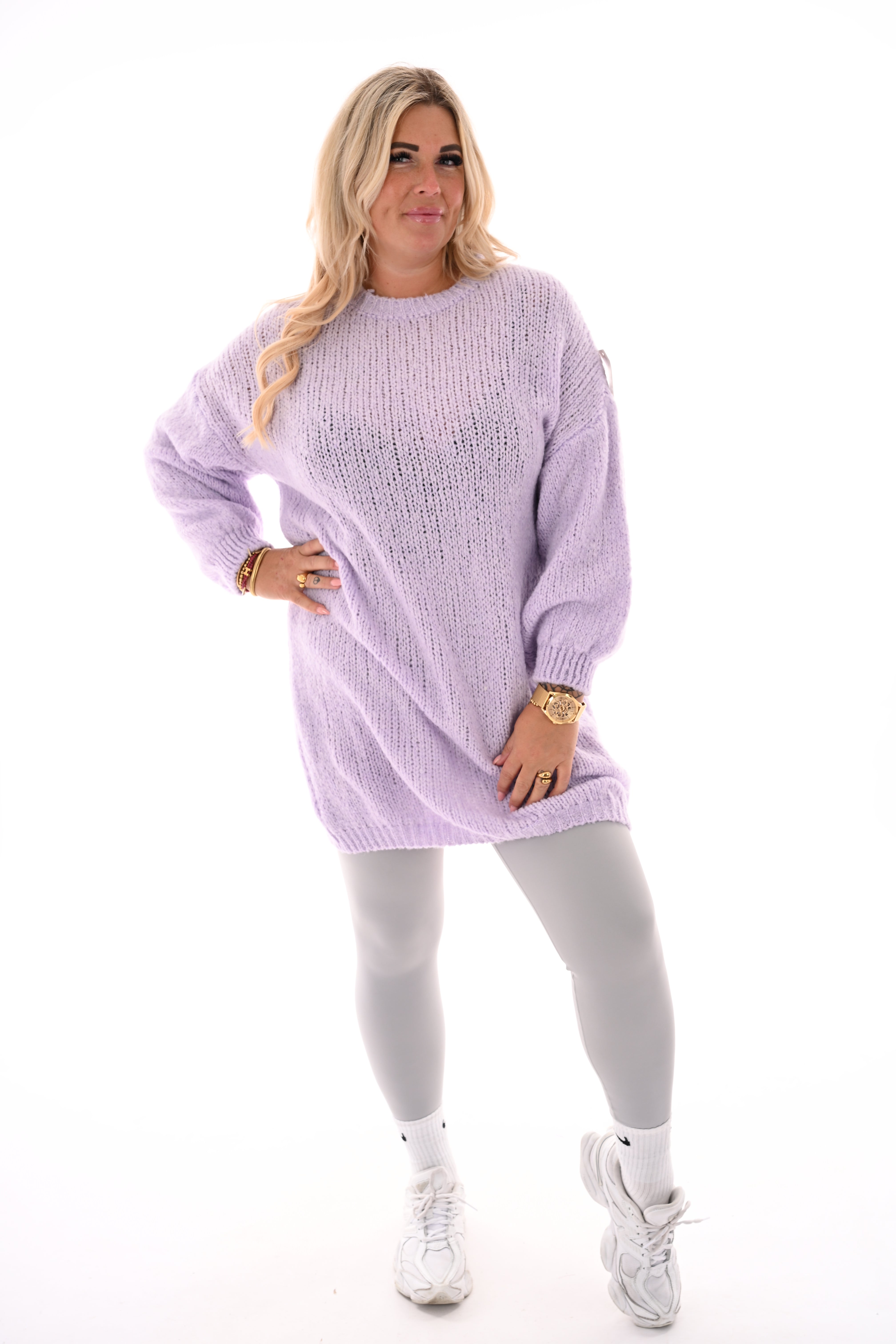 Lange gebreide trui pofmouwen lila