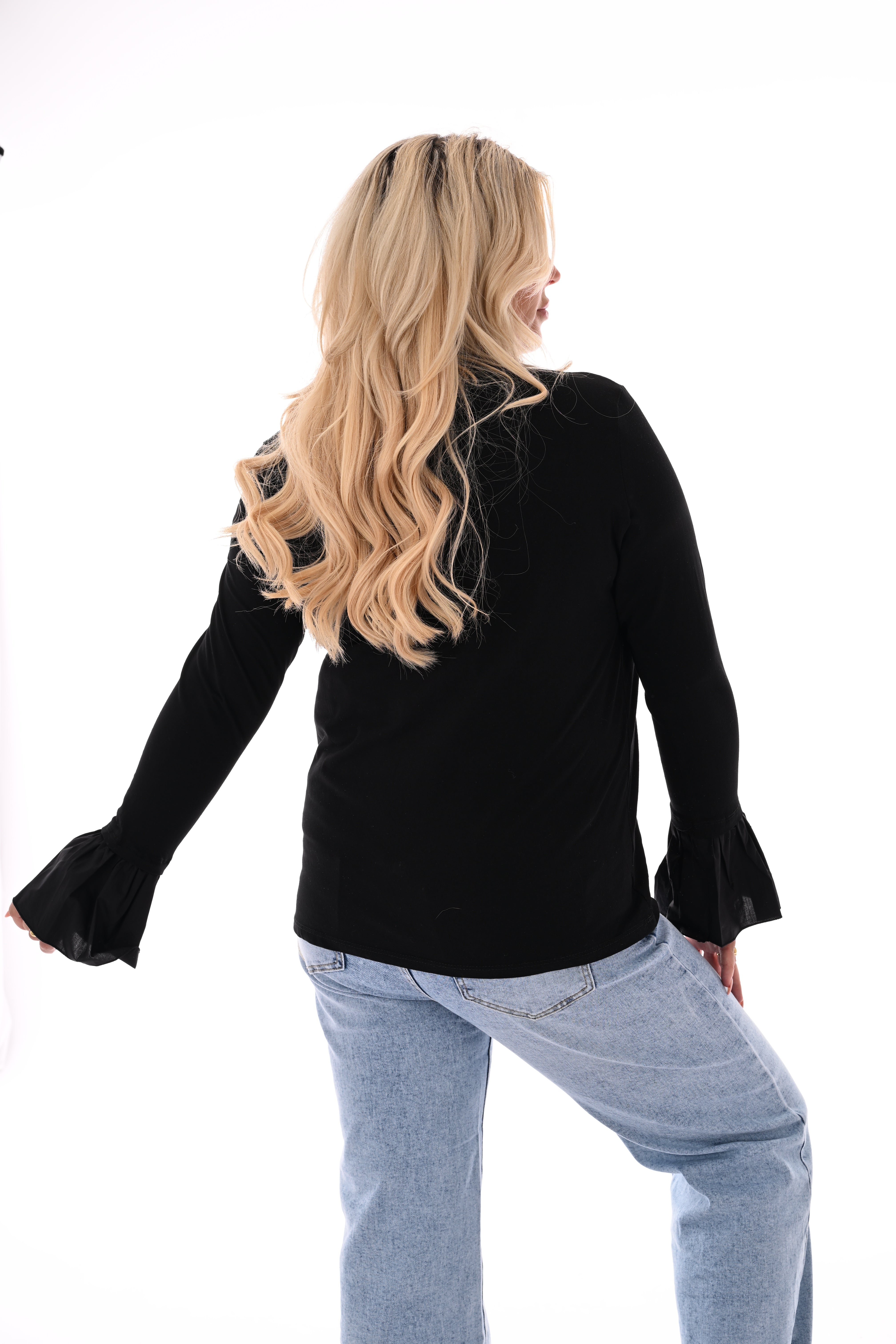 Top lange trompetmouwen zwart