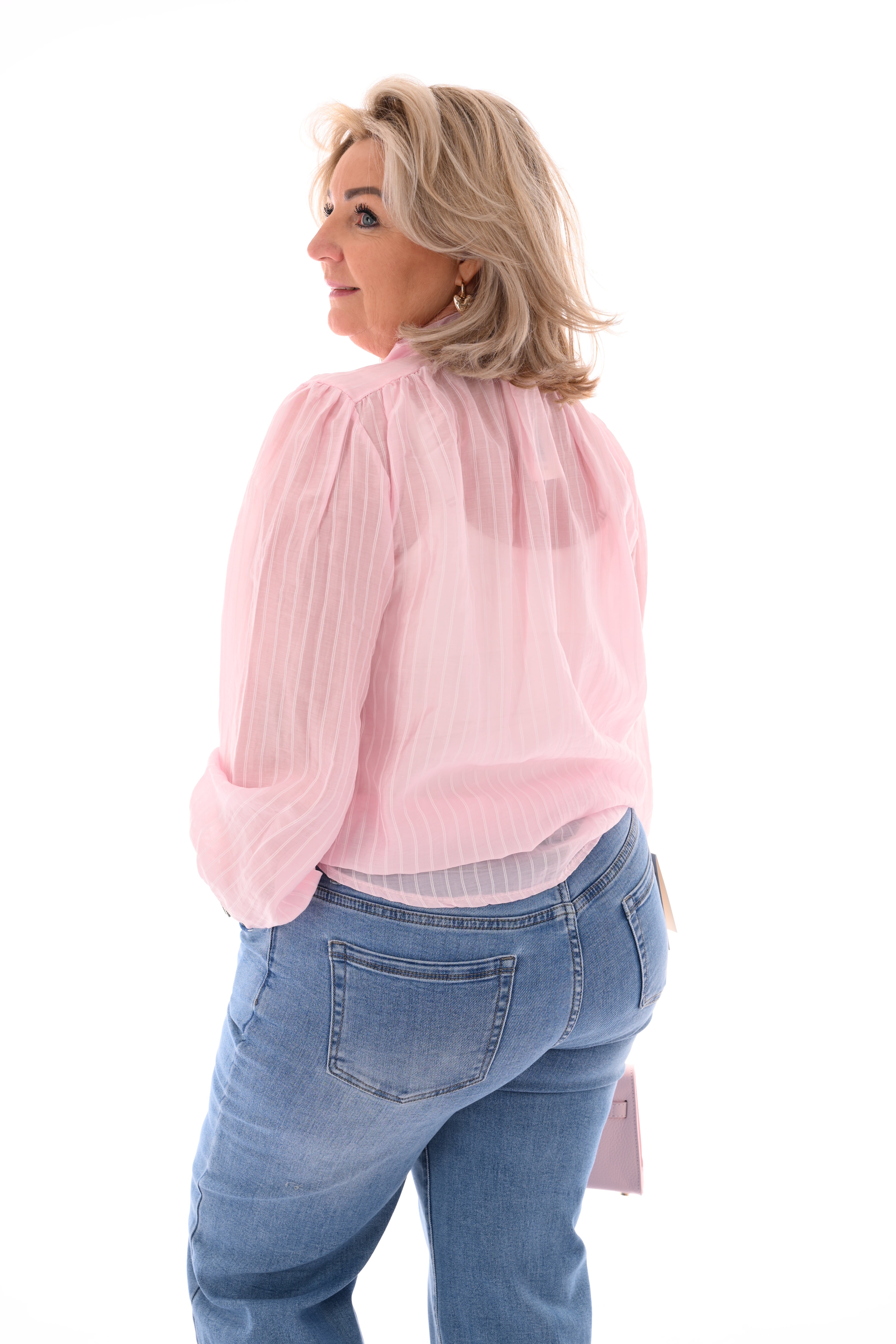 Blouse streepjes met strik lichtroze