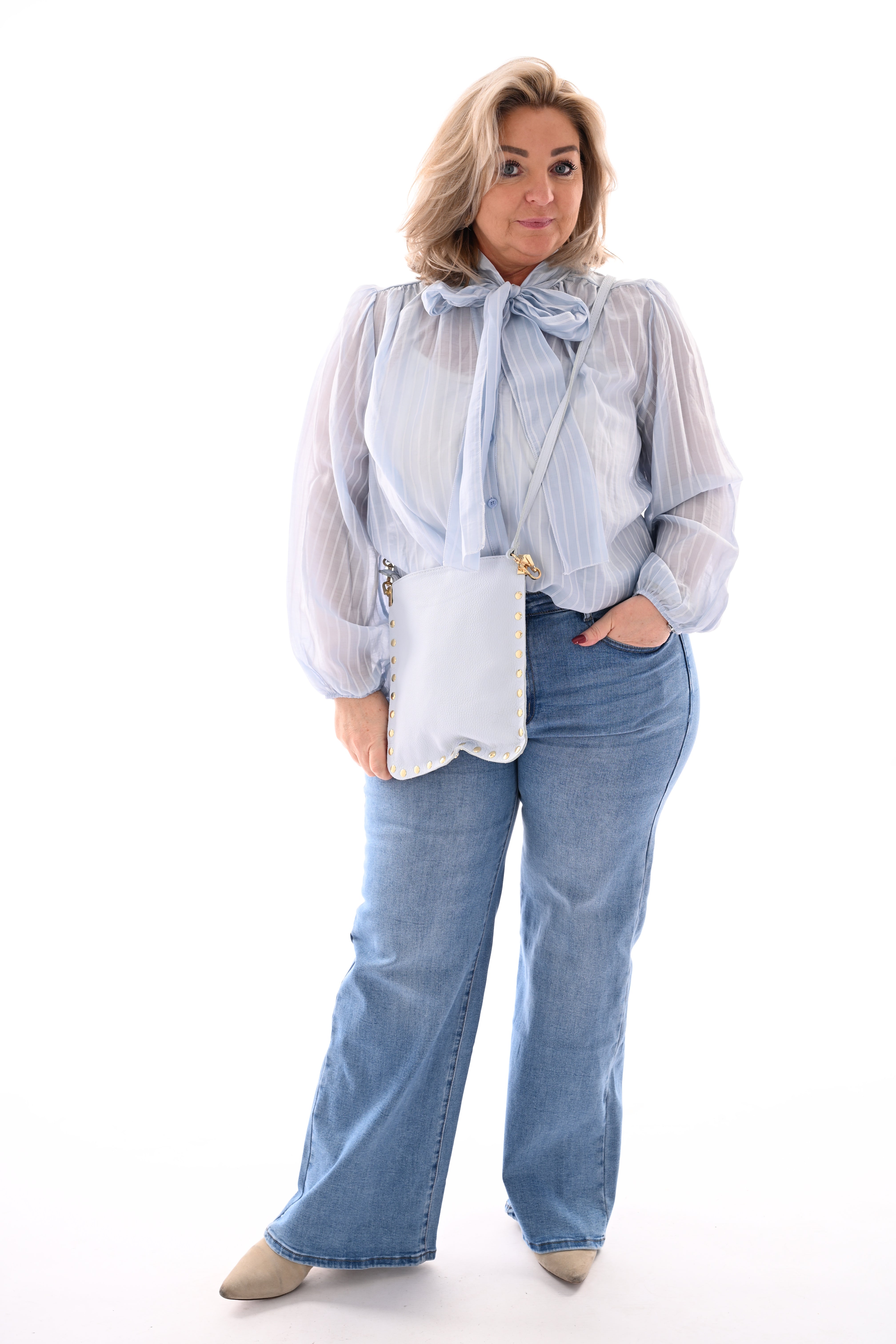 Blouse streepjes met strik lichtblauw