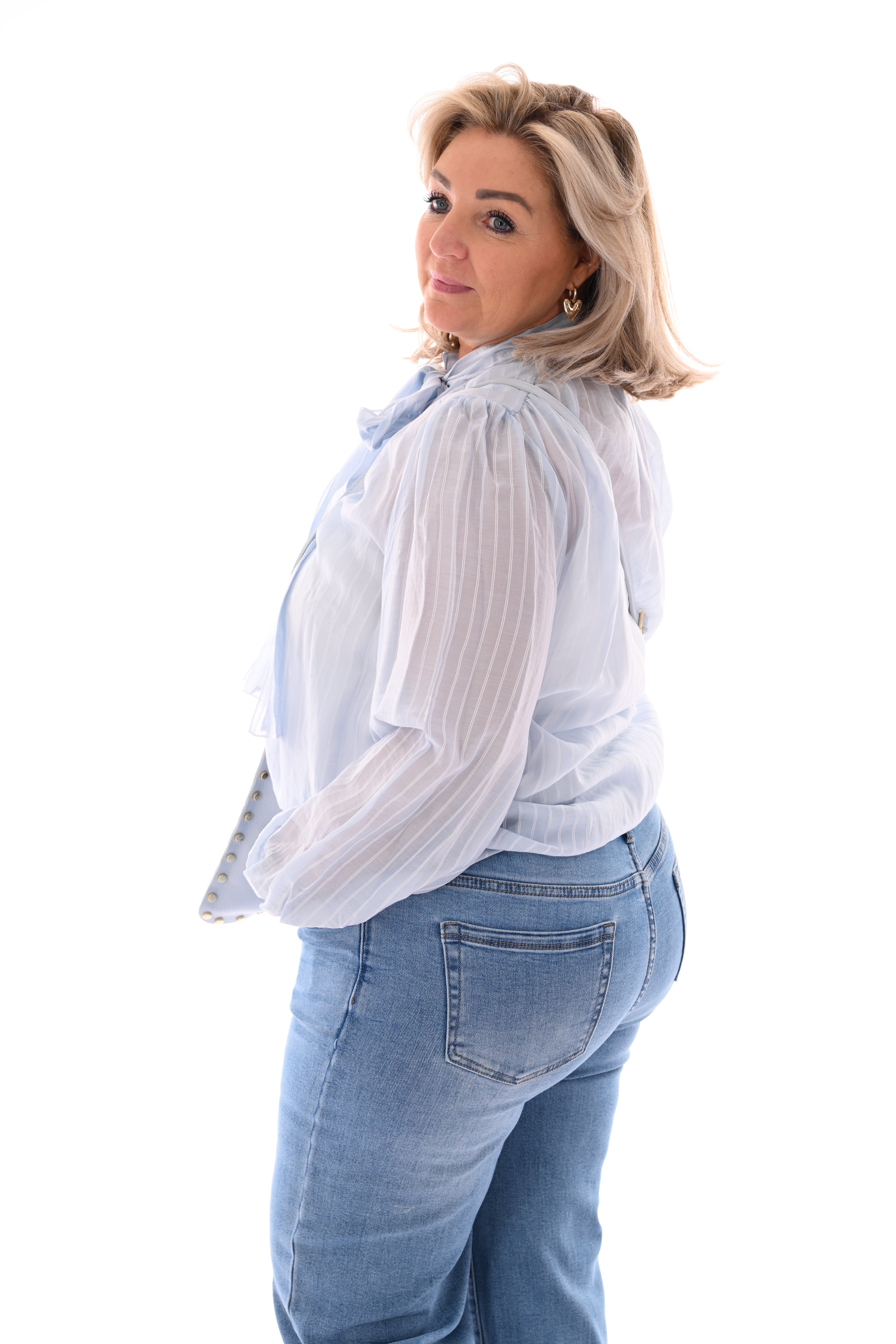 Blouse streepjes met strik lichtblauw