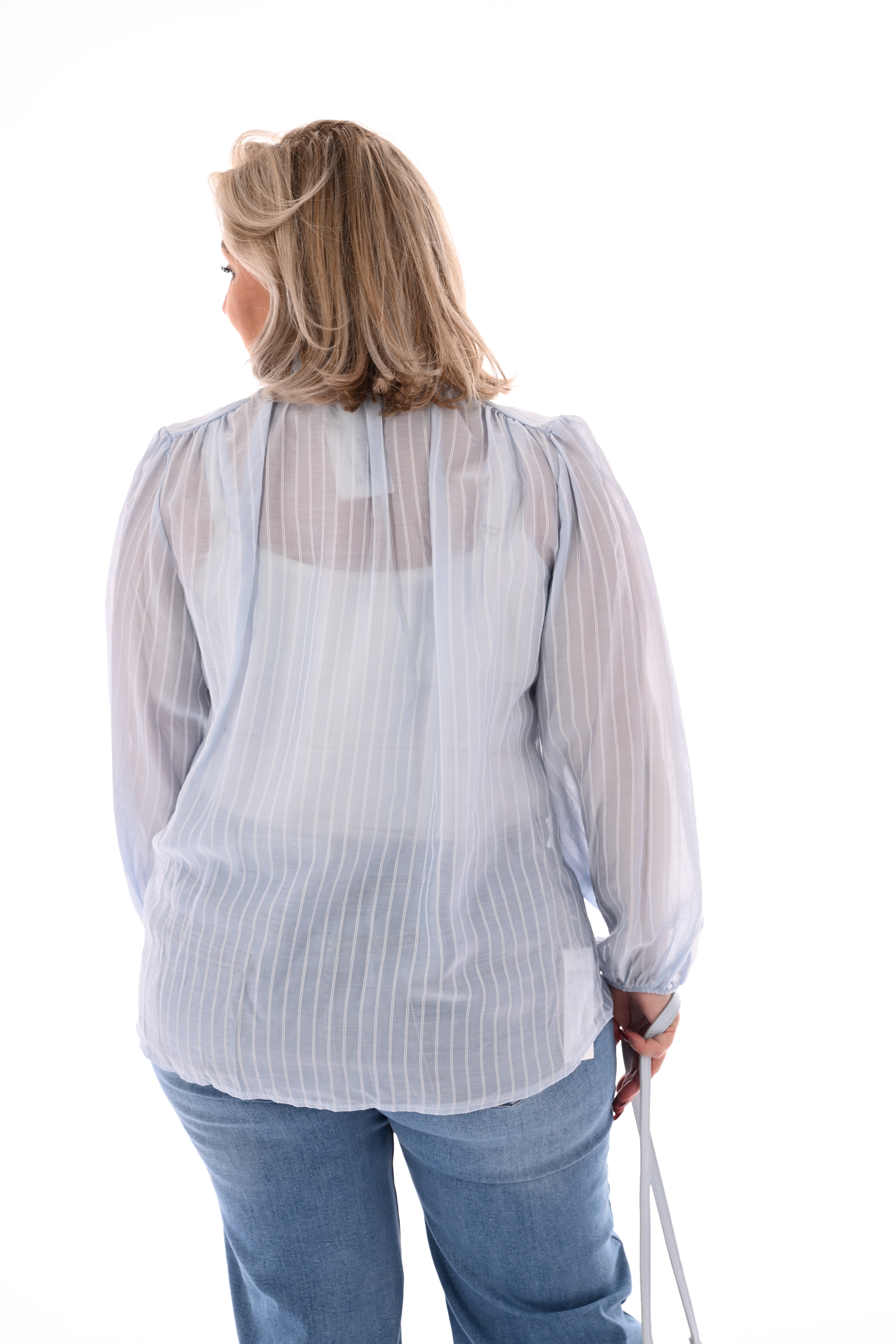 Blouse streepjes met strik lichtblauw