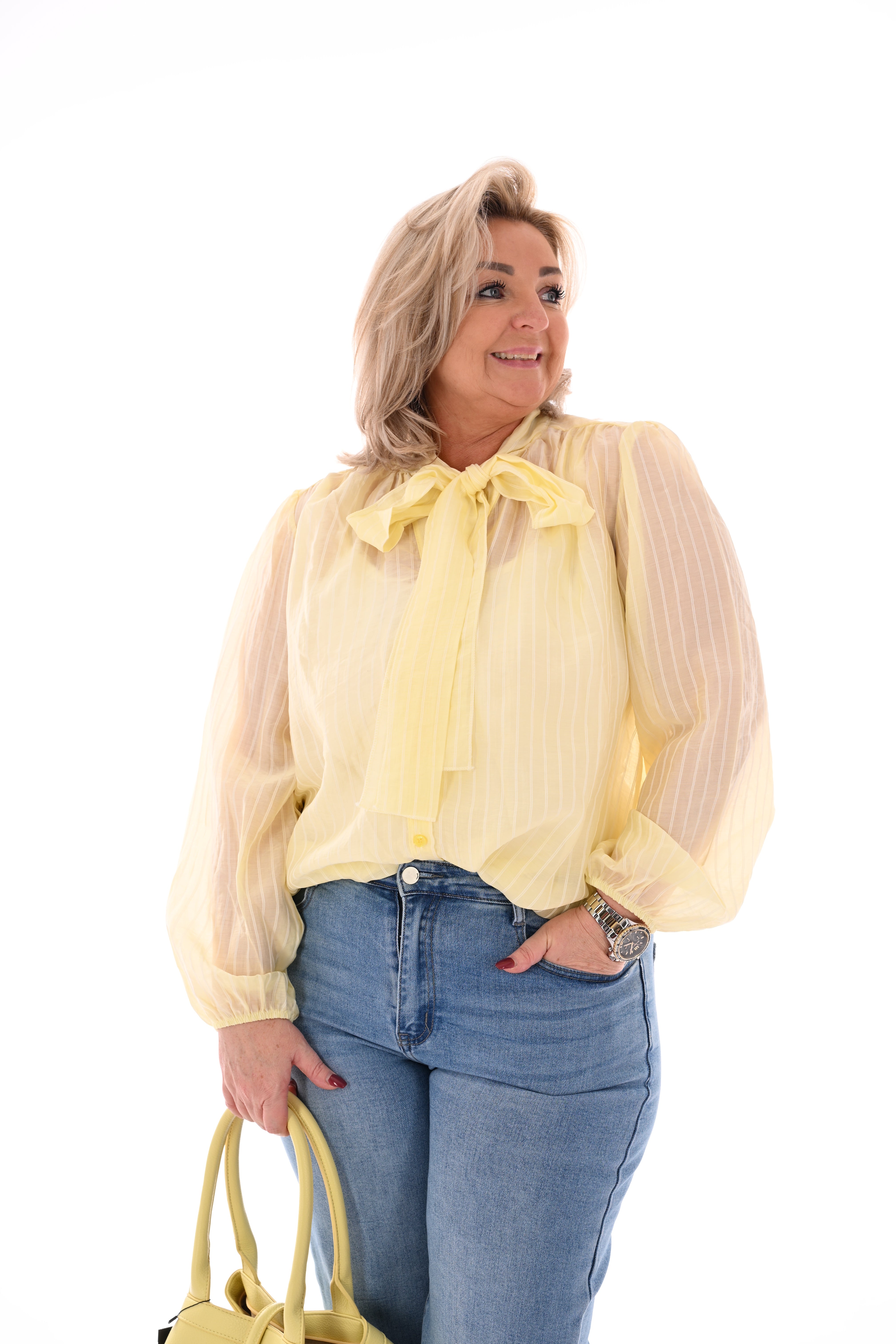 Blouse streepjes met strik lichtgeel